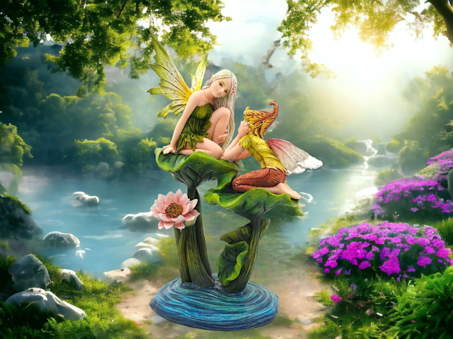 Whimsical Woodland Fairy Siblings Figurine | Enchanting Forest Children & Lotus | Handcrafted Resin Decor | Fantasy Art Piece-Osiris Craftworks