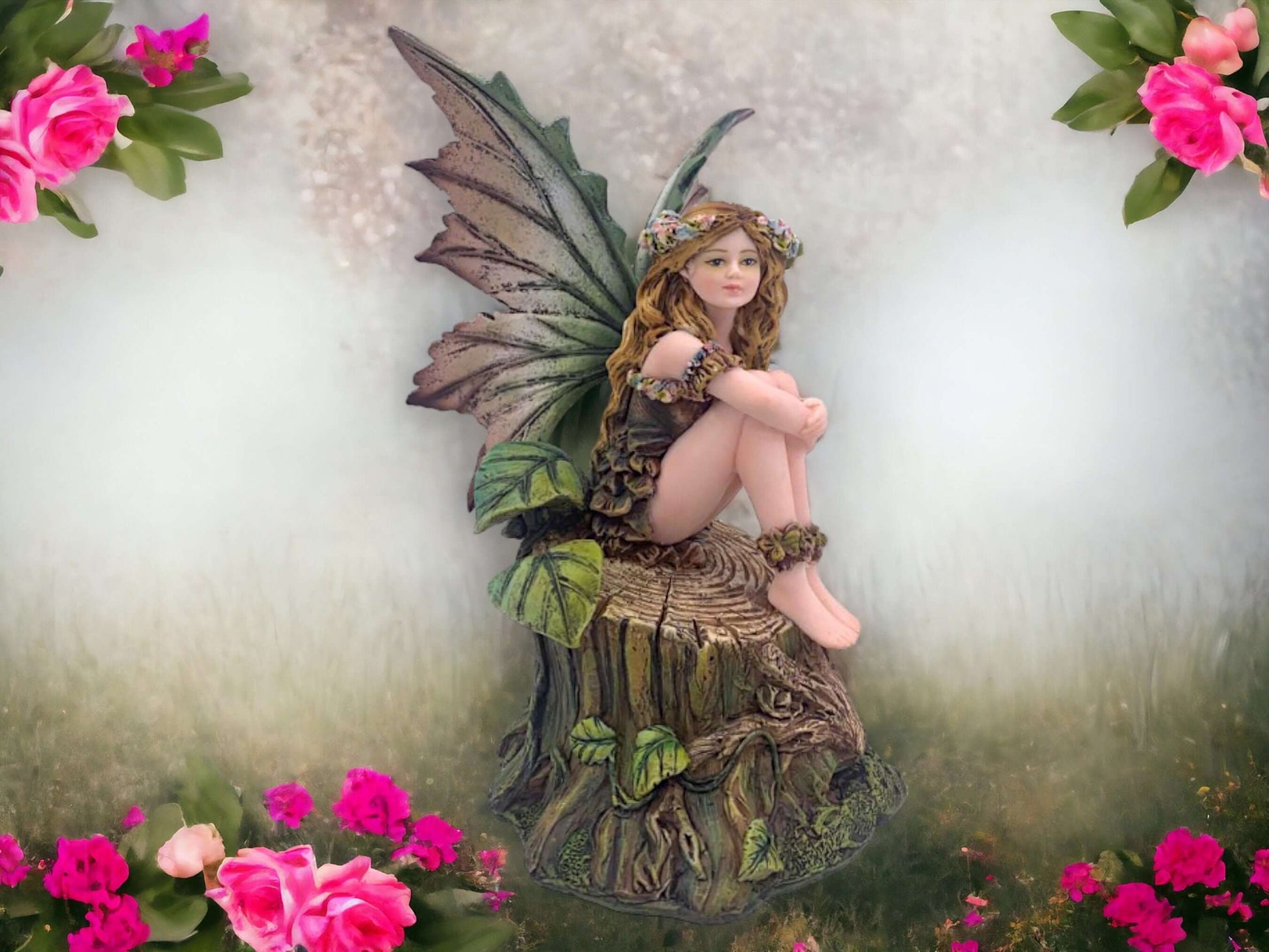 Enchanted Forest Nymph Figurine | Delicate Woodland Fairy Perched on Tree Stump | Hand-Painted Resin Fantasy Statue | Nature-Inspired Decor-Osiris Craftworks