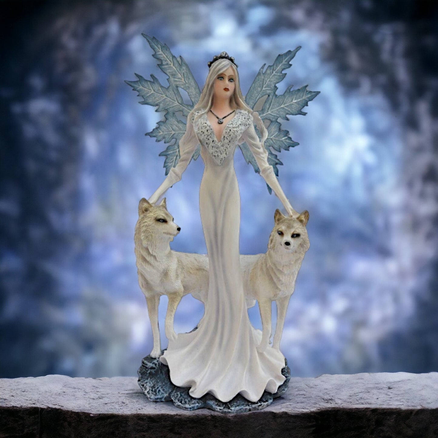 Mystic Winter Guardian Angel with Wolves Statue | Ethereal Ice Wolf Companions Figurine | Celestial Resin Sculpture | Majestic Decor-Osiris Craftworks