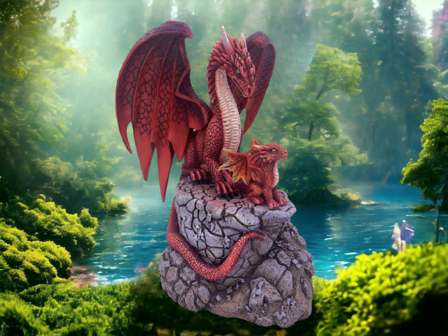 Bezaubernde Figur eines roten Drachen mit Jungtier – handgefertigte Statue eines mythischen Tieres als Fantasy-Dekor – Drachenskulptur aus Kunstharz zum Sammeln