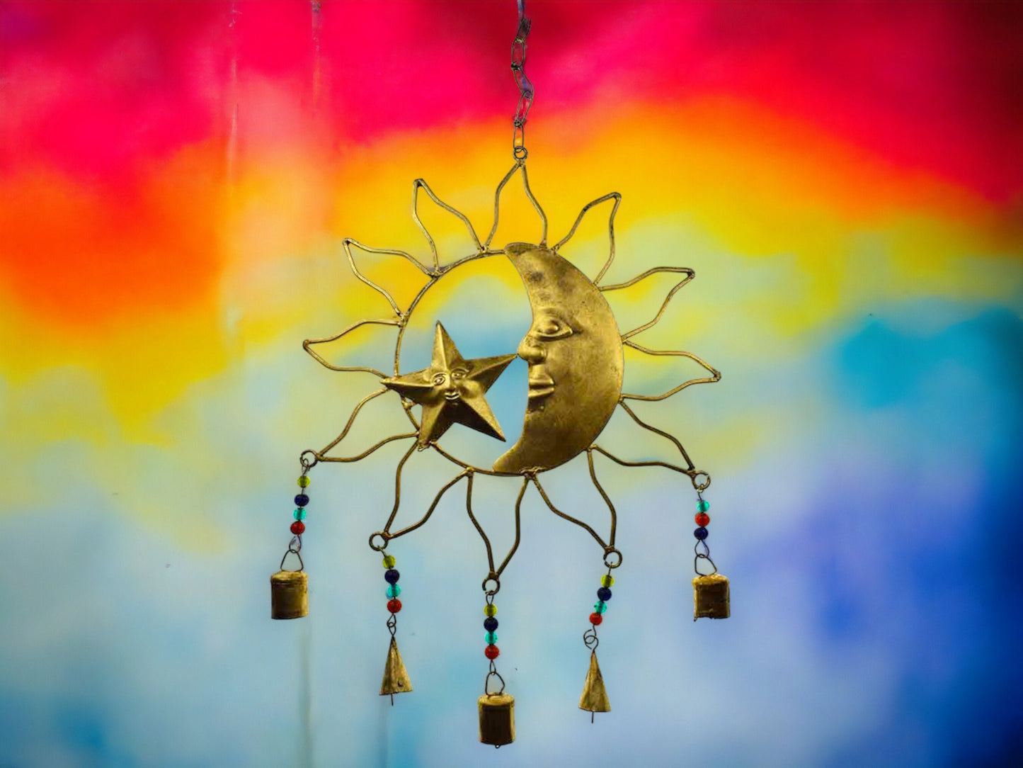 Celestial Harmony Metal Sun and Moon Wall Hanging with Cascading Bells - Artisanal Cosmic Decor with Beaded Accents for Home and Garden-Osiris Craftworks