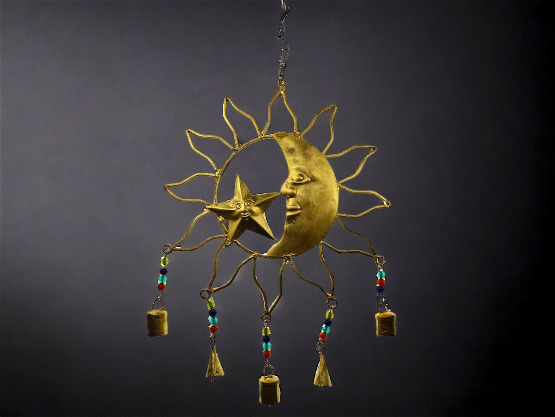 Celestial Harmony Metal Sun and Moon Wall Hanging with Cascading Bells - Artisanal Cosmic Decor with Beaded Accents for Home and Garden-Osiris Craftworks