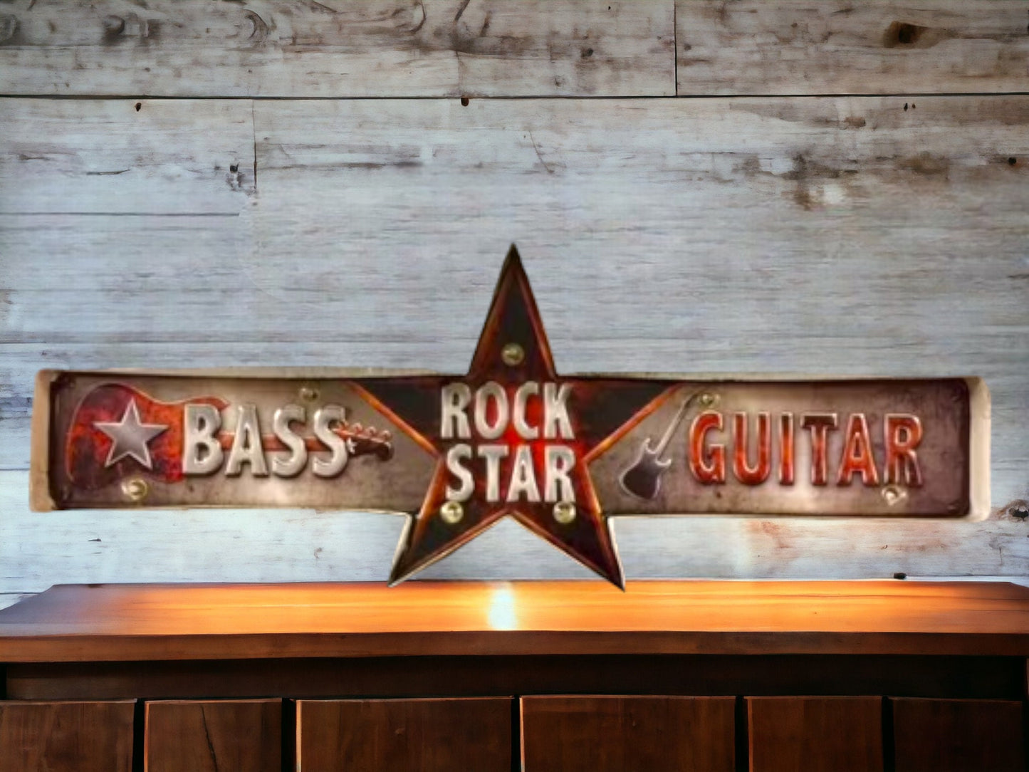 Rock Star LED Metal Wall Sign – Bass & Guitar Music Decor - Rock Guitar Music Logo Sign Man Cave Wall Plaque-Osiris Craftworks