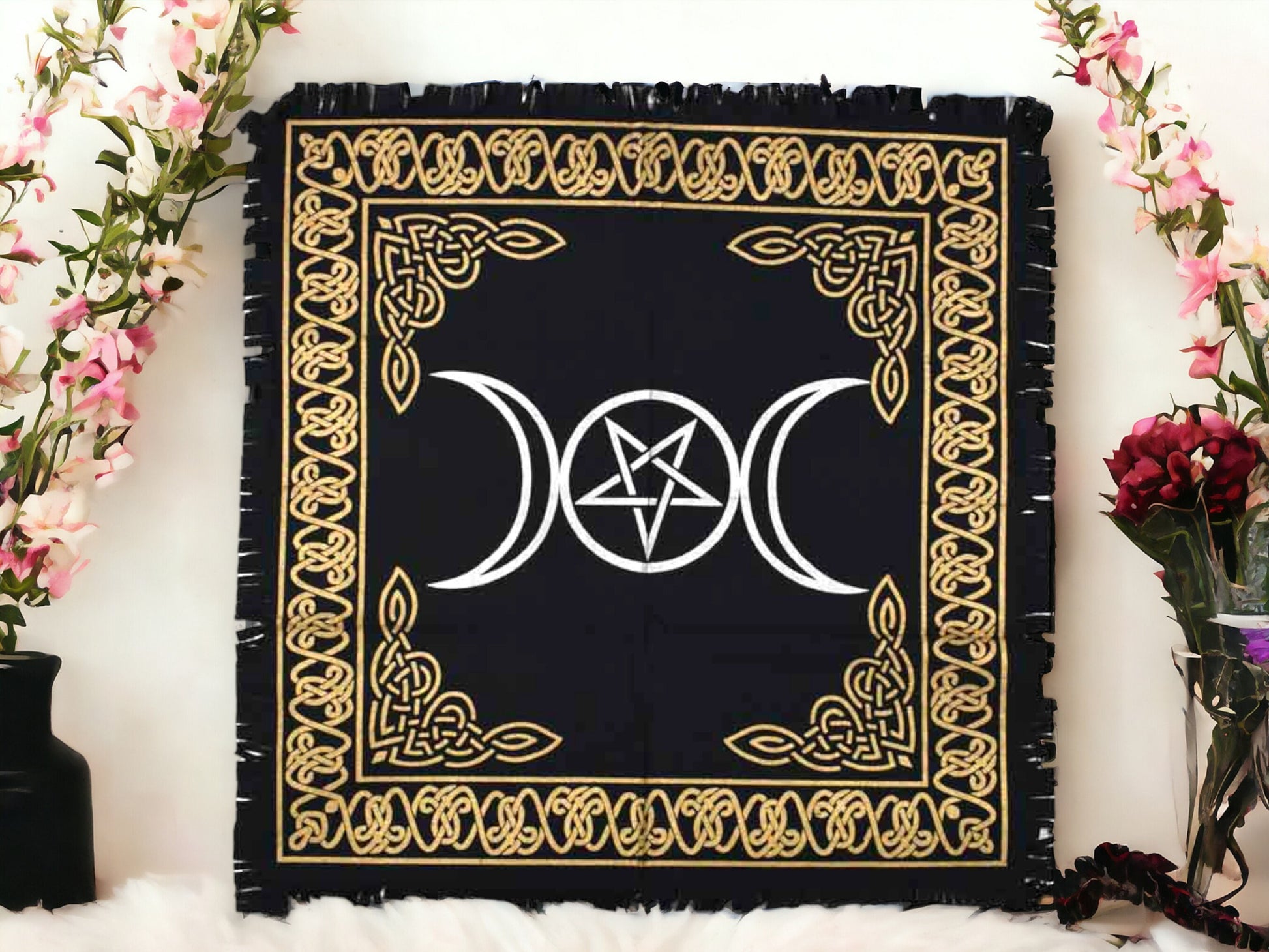 Triple Moon Goddess Tarot Cloth, Pagan Wiccan Altar Cover, Sacred Space Tablecloth, Ritual Magic Wall Hanging, Cotton Crafted Decor-Osiris Craftworks