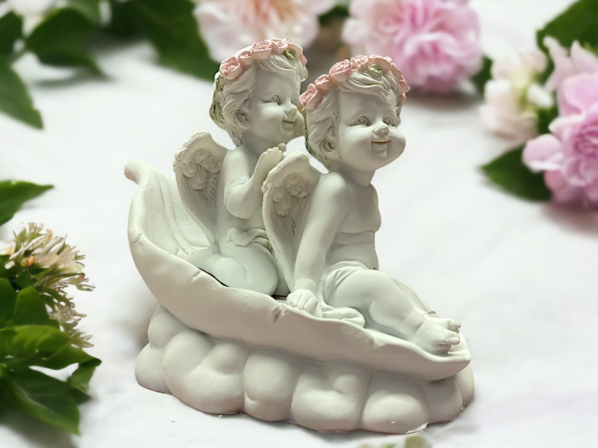 Enchanted Rose Cherubs Figurine - Delicate Floral Crowned Angels, Romantic Decor, Ideal for Love & Harmony, Charming Indoor Accent Piece-Osiris Craftworks