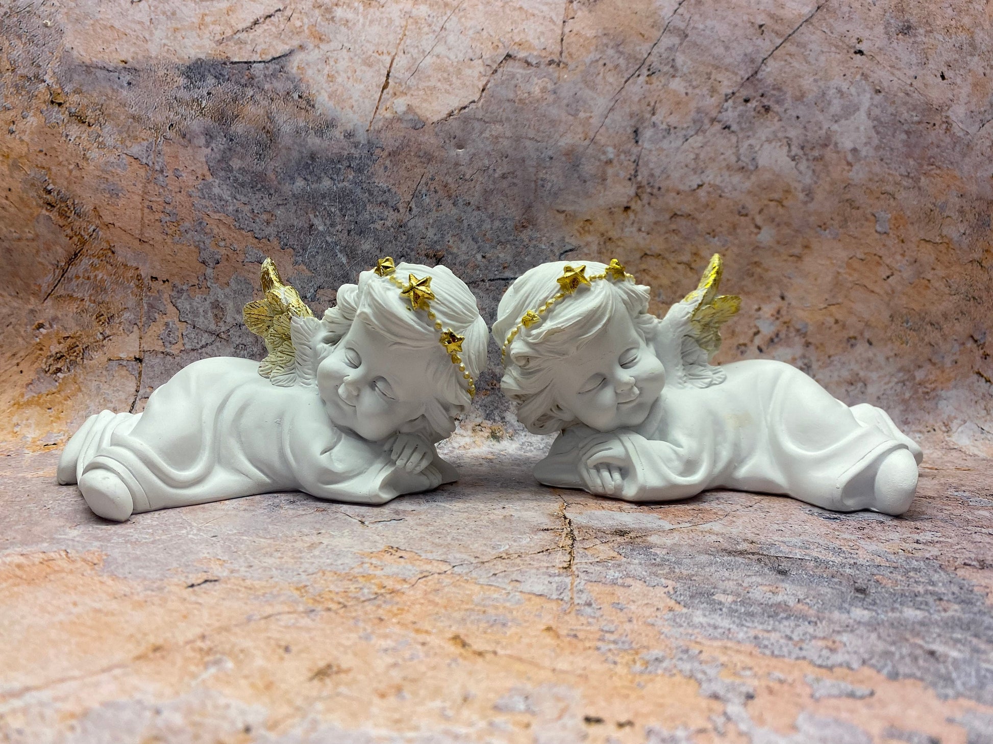 Cherub Twins Slumber Set, Sleeping Angel Figurines with Golden Accents, Peaceful Decor, Angelic Nursery Art, Harmonious Home Aesthetics-Osiris Craftworks