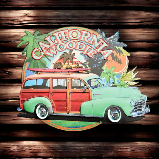 Vintage California Woodie Metal Wall Sign, Classic Surf Wagon Art, Retro Beach Decor, Vibrant Surfboard Design, Nostalgic Wall Hanging-Osiris Craftworks