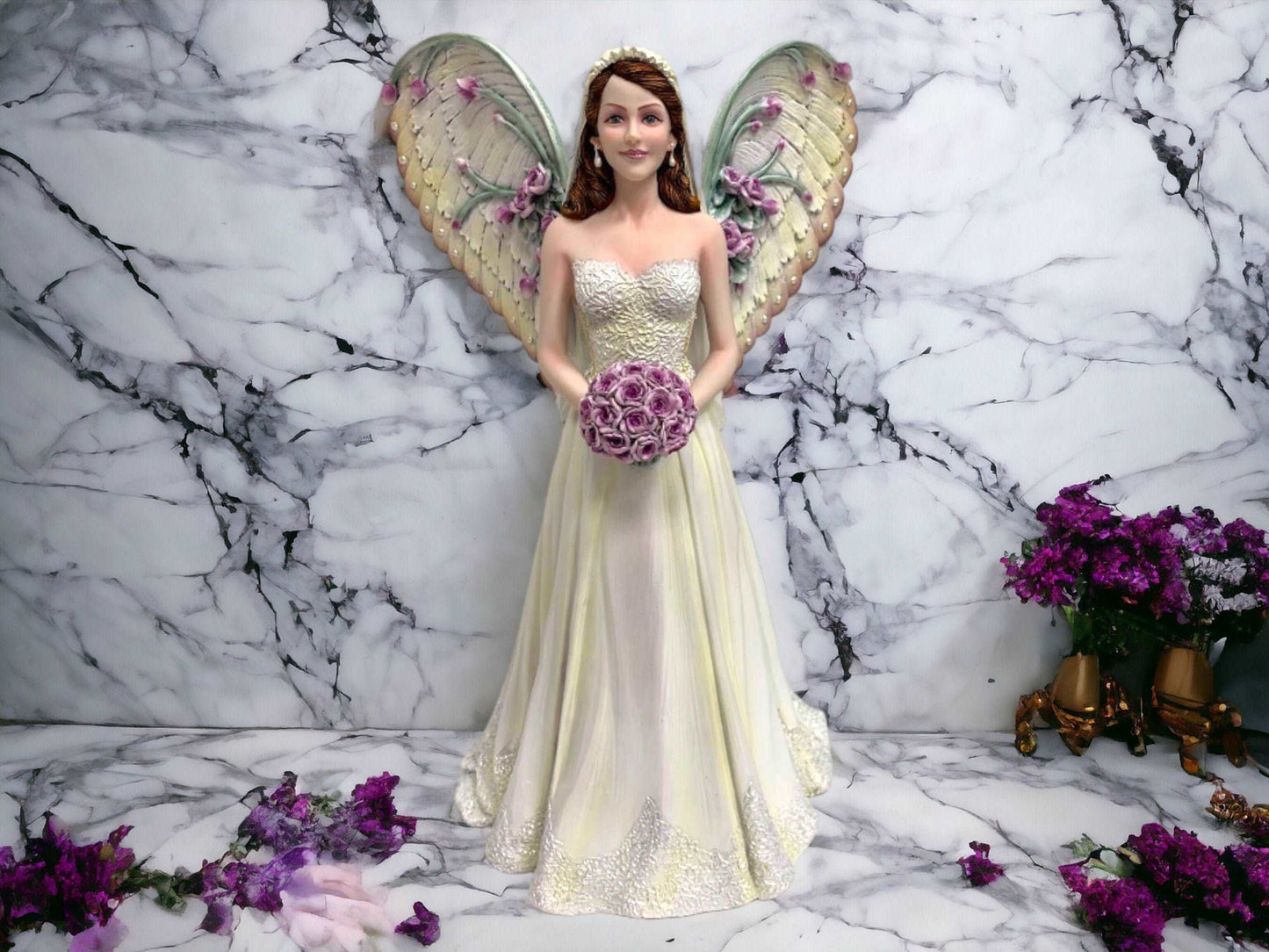 Bridal Bliss Angel Figurine, 37cm – Graceful Wedding Angel Statue with Purple Accents, Resin Crafted, Elegant Home Decor-Osiris Craftworks