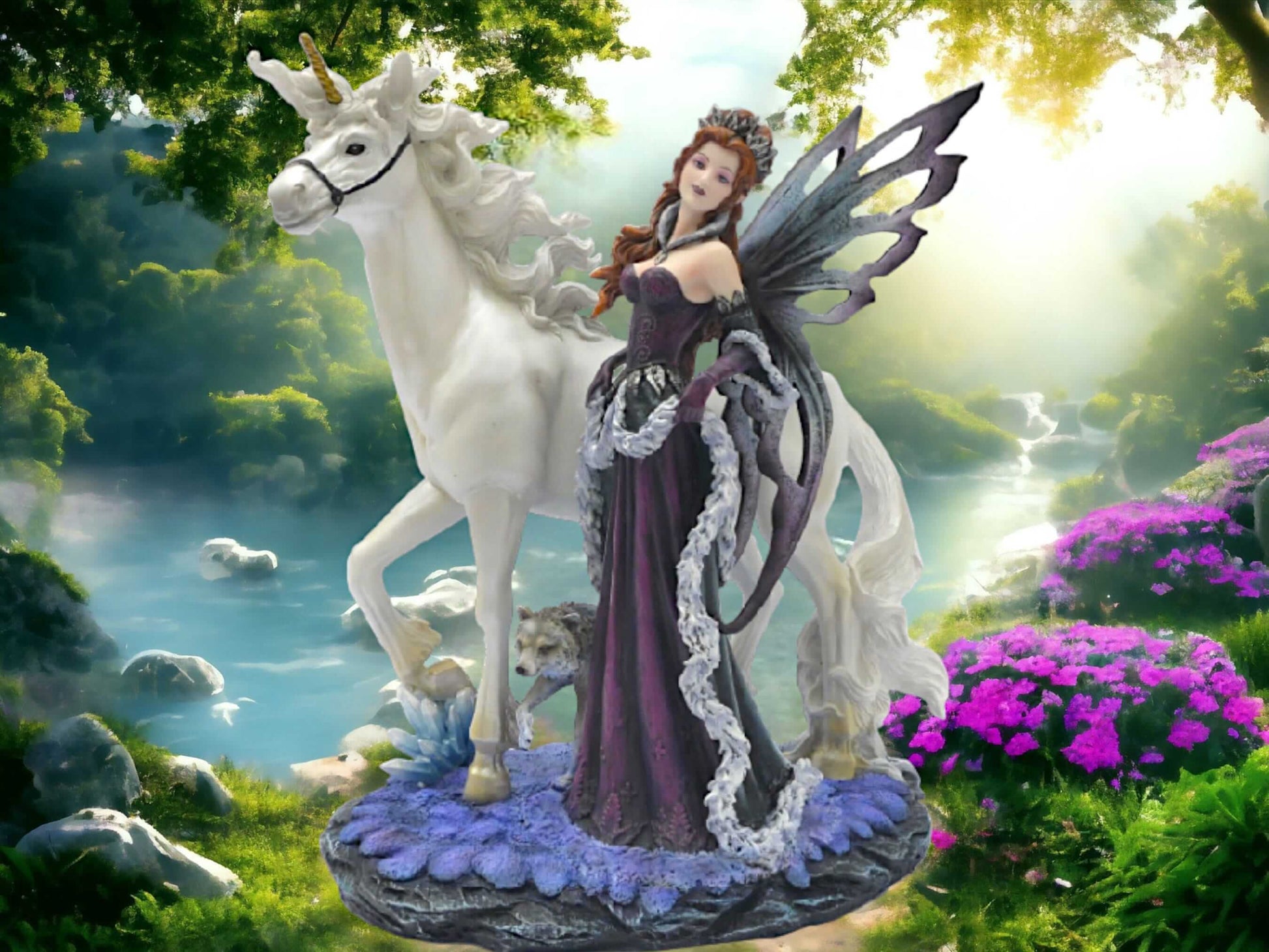 Enchanted Realm Elegance Statue - Resplendent Fairy and Unicorn Duo, Graceful Fantasy Resin Sculpture, Home Accent Piece-Osiris Craftworks