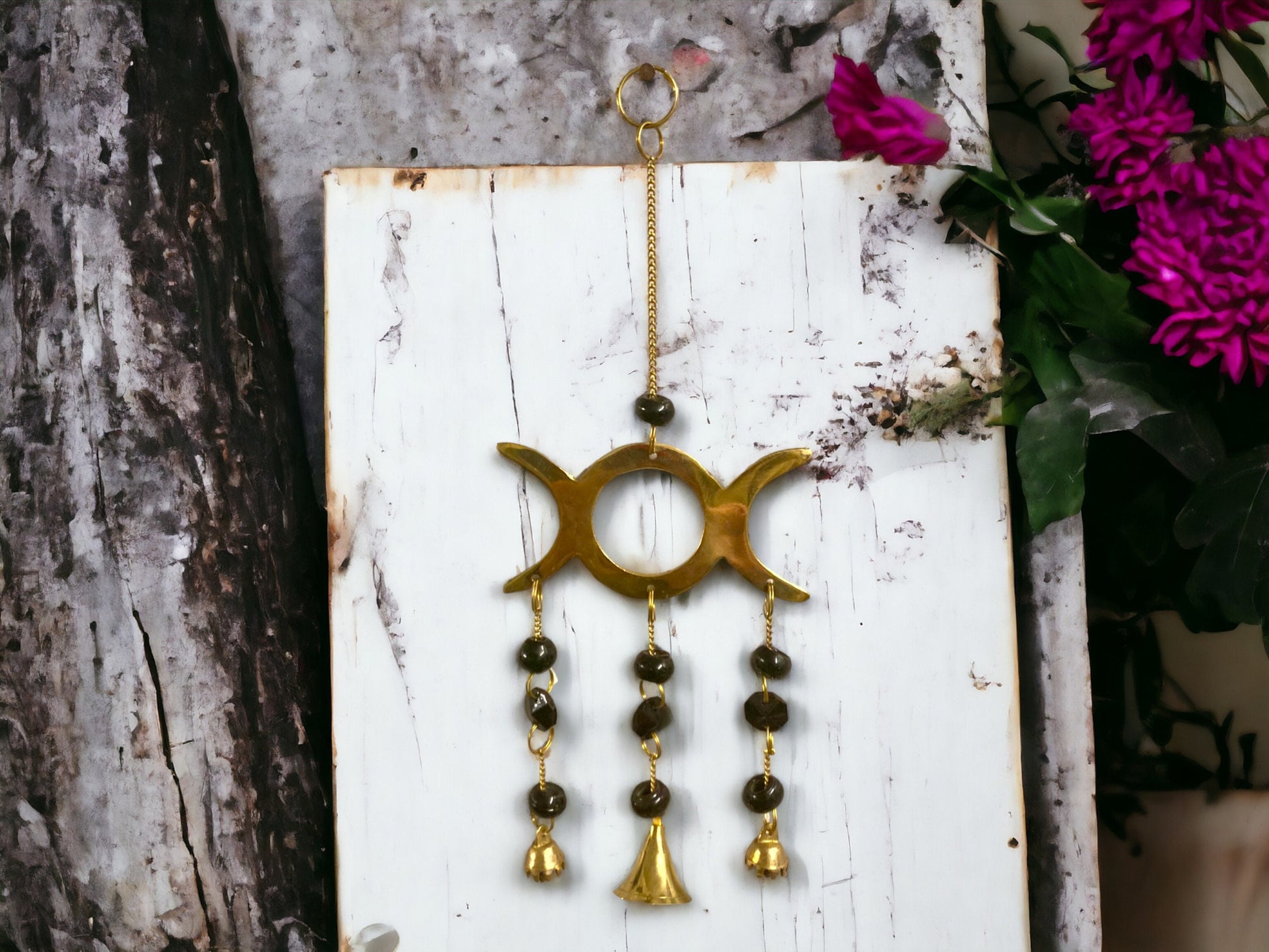 Triple Moon Goddess Wind Chime - Mystic Brass Harmony Bells, Black Bead Accents, Pagan Altar Decor, Spiritual Gift, 26cm-Osiris Craftworks