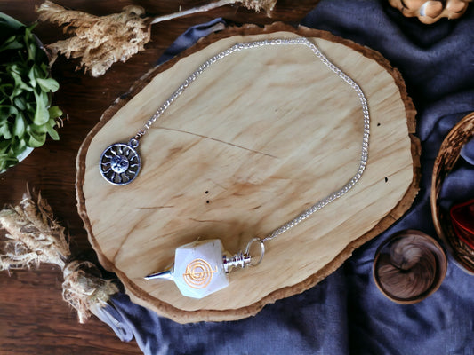 Cho Ku Rei White Agate Pendulum with Sun Charm - Energy Healing Dowsing Tool, Spiritual Balancing Chain Pendant, Reiki Charged Divination