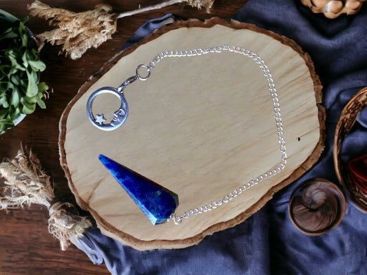 Lapis Lazuli Pendulum with Moon Charm – Guiding Celestial Chain, Intuitive Divination Pendulum, Spiritual Enlightenment, Dowsing Tool