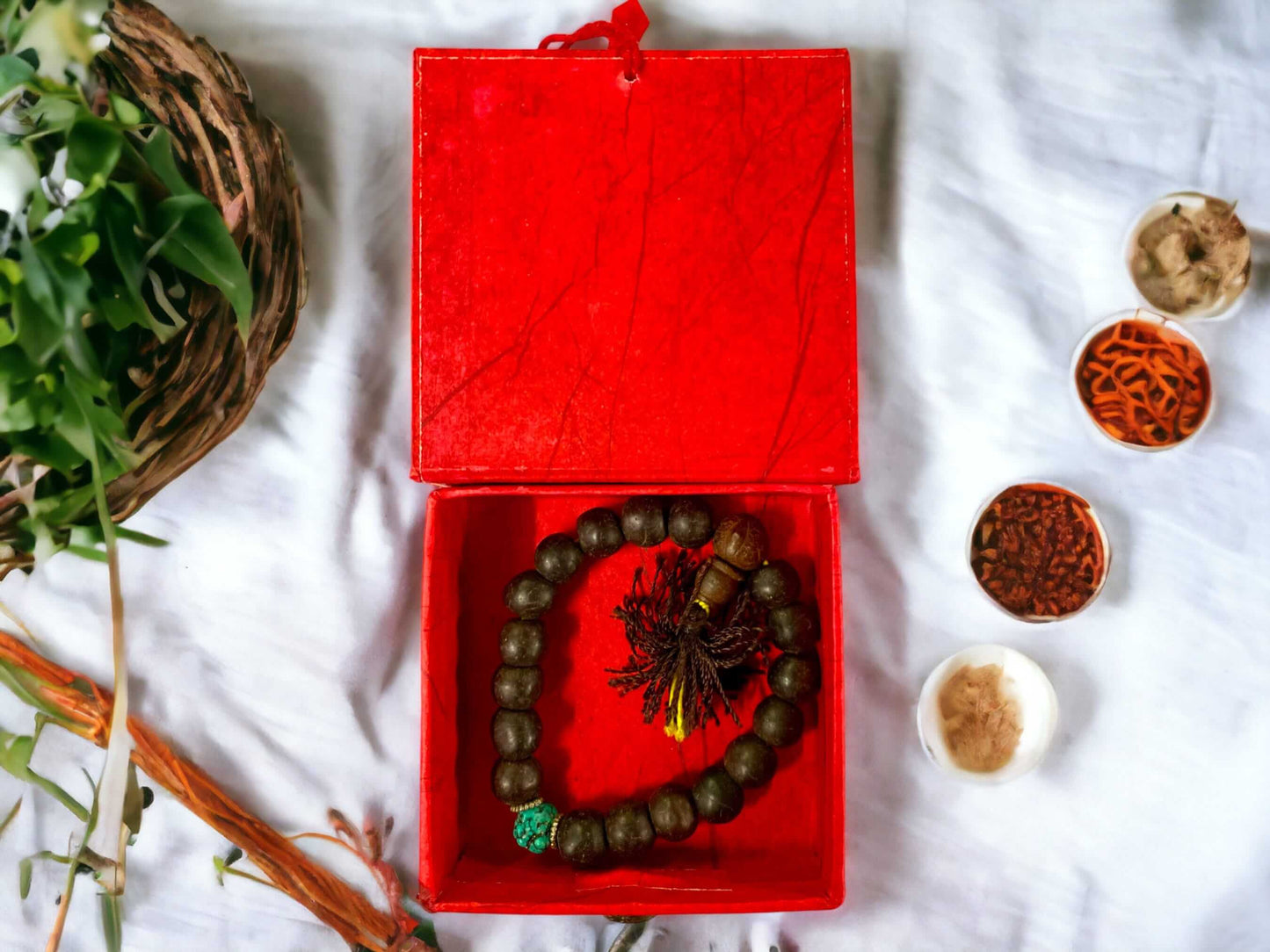 Tibetan Bodhi Seed Wrist Mala Bracelet, Authentic Handmade Buddhist Prayer Beads & Turquoise Marker, Encased in Unique Friendship Knot Box-Osiris Craftworks