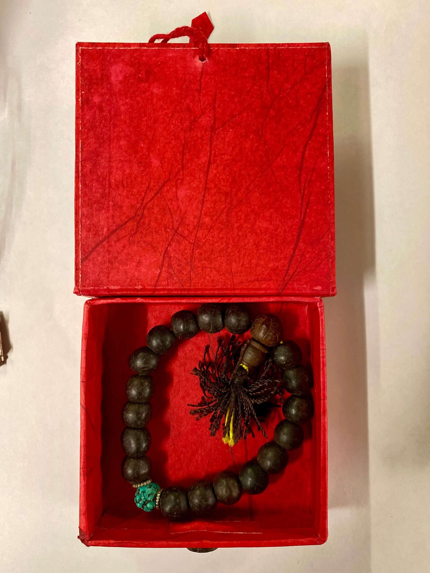 Tibetan Bodhi Seed Wrist Mala Bracelet, Authentic Handmade Buddhist Prayer Beads & Turquoise Marker, Encased in Unique Friendship Knot Box-Osiris Craftworks