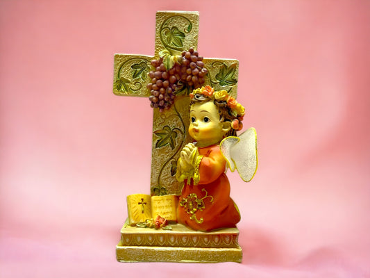 Cherubic Praying Angel Figurine, 12.5cm – Ornate Resin Cross with Grapes, Religious Decor, Spiritual Tabletop Art, Angelic Home Blessing-Osiris Craftworks