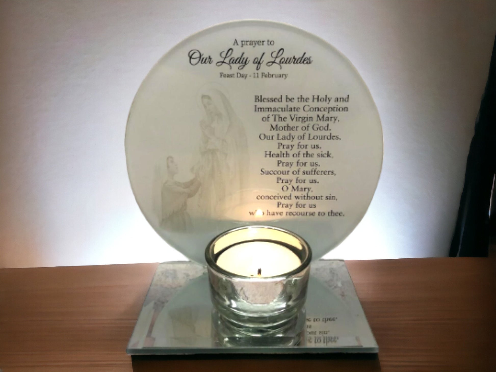 Glass Prayer Plaque to Our Lady of Lourdes with Candle Holder Mirrored Devotional Stand, Catholic Religious Gift, Spiritual Decor-Osiris Craftworks