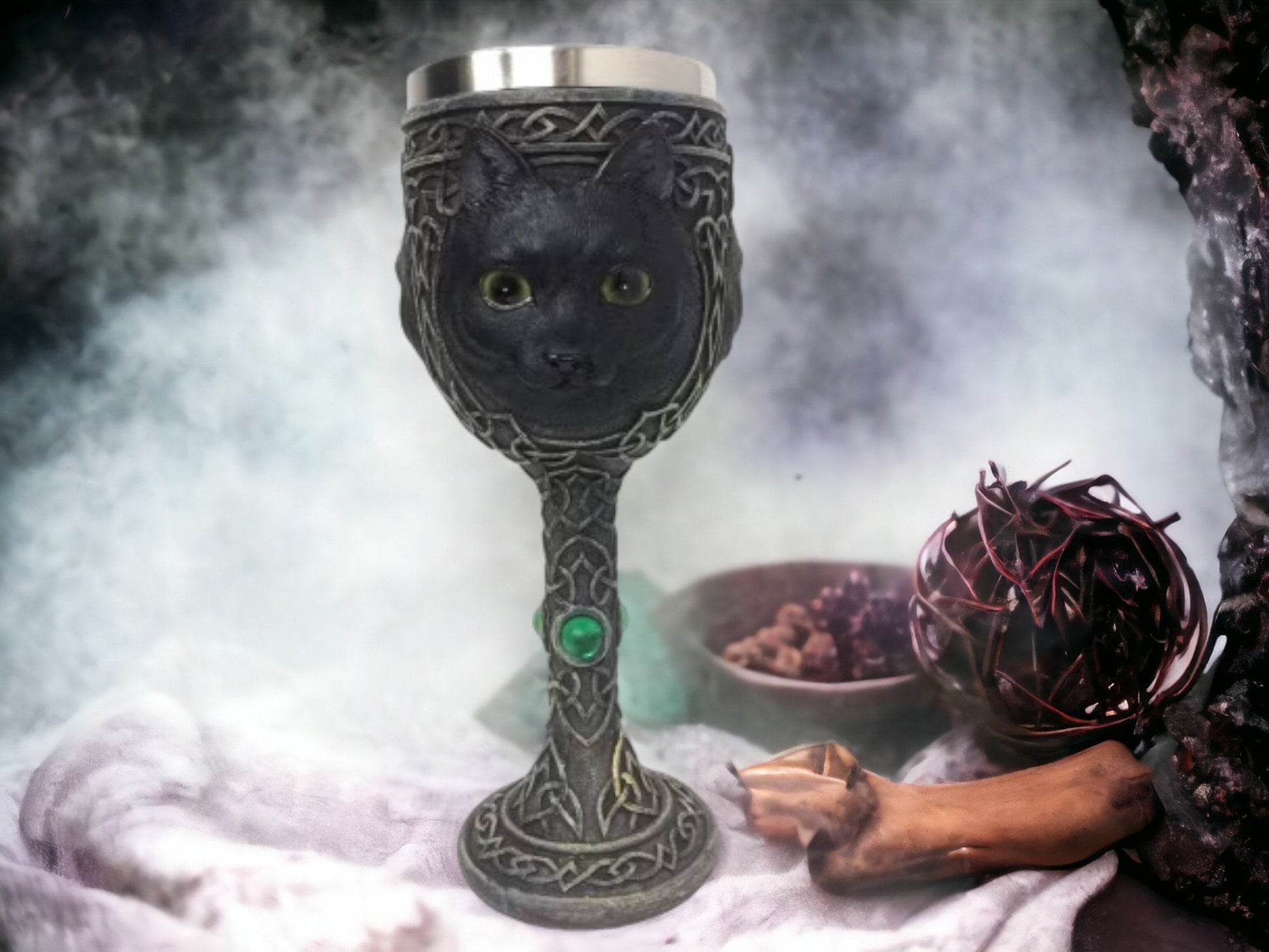 Enchanted Black Cat Resin Goblet - Handcrafted Pagan Chalice with Metal Insert, Witchcraft Altar Decor, Mystic Kitchenware, Wiccan.-Osiris Craftworks