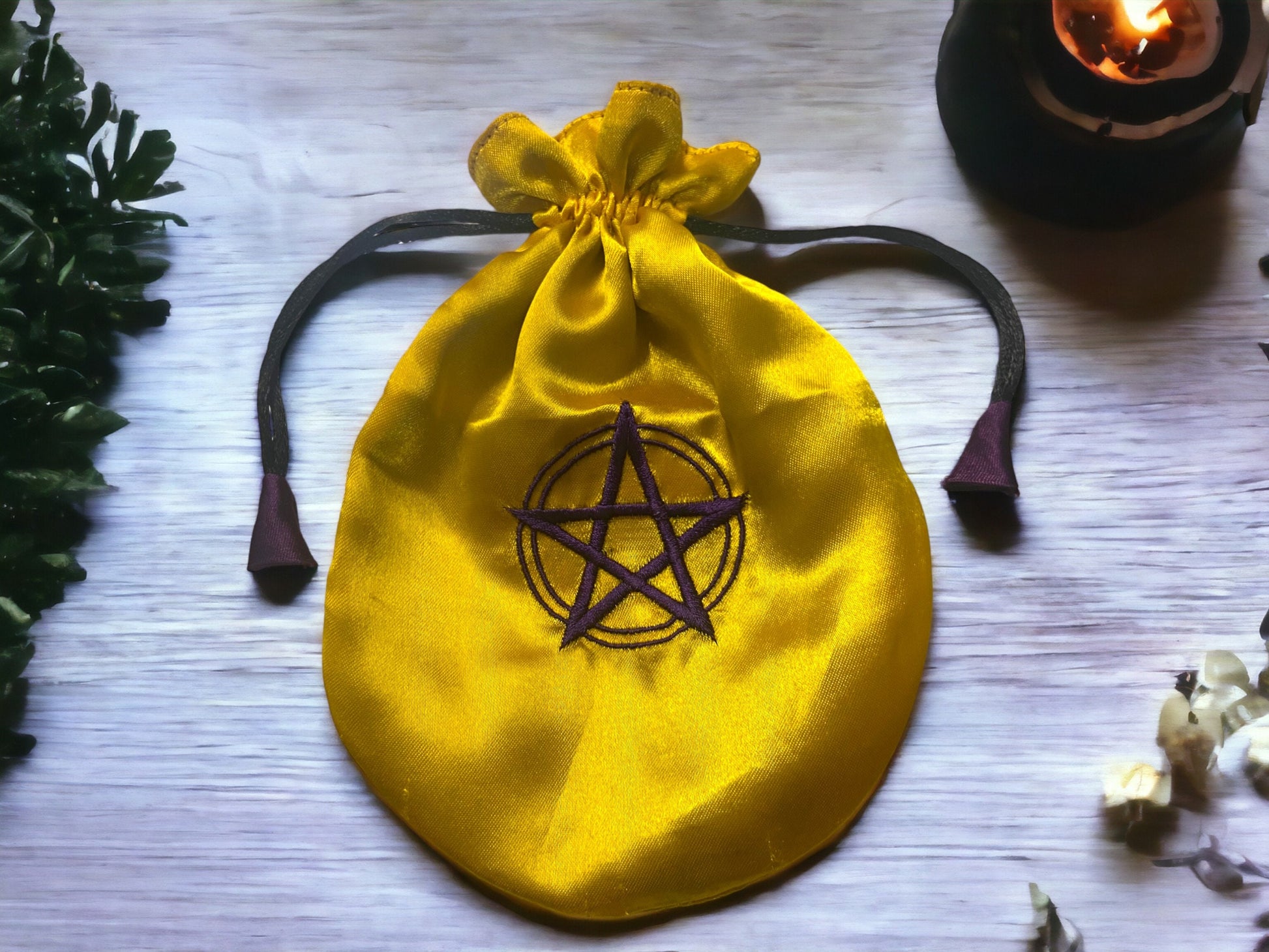 Mystic Yellow Satin Drawstring Bag with Purple Pentagram - Wiccan Pouch for Tarot, Runes, & Amulets, Magical Altar Cloth Bag.-Osiris Craftworks