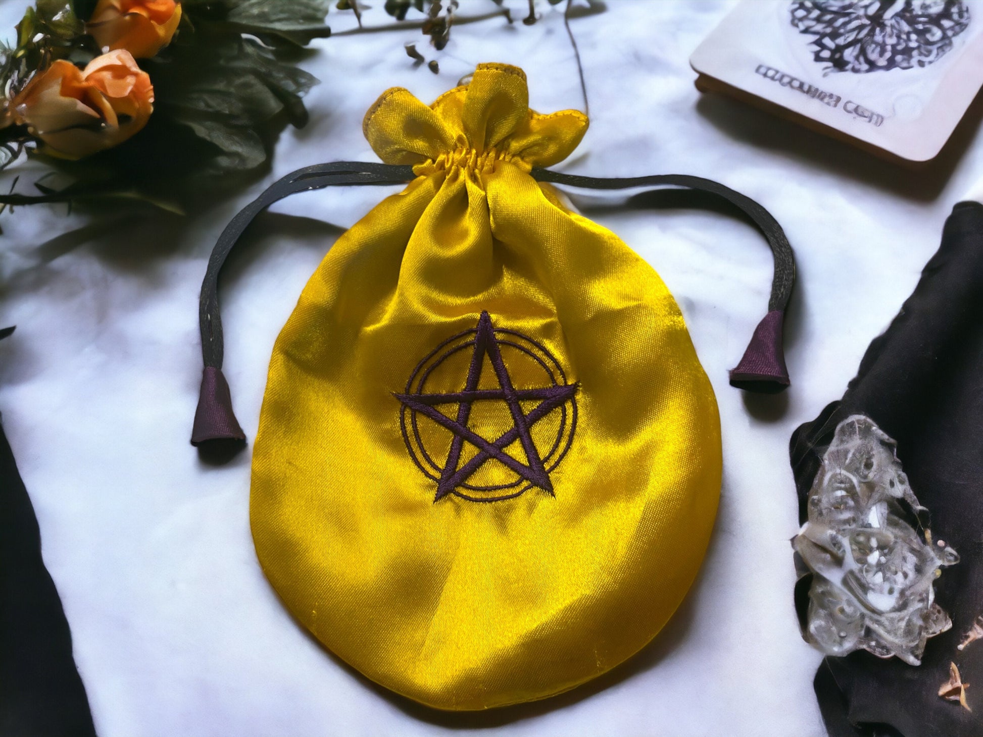 Mystic Yellow Satin Drawstring Bag with Purple Pentagram - Wiccan Pouch for Tarot, Runes, & Amulets, Magical Altar Cloth Bag.-Osiris Craftworks