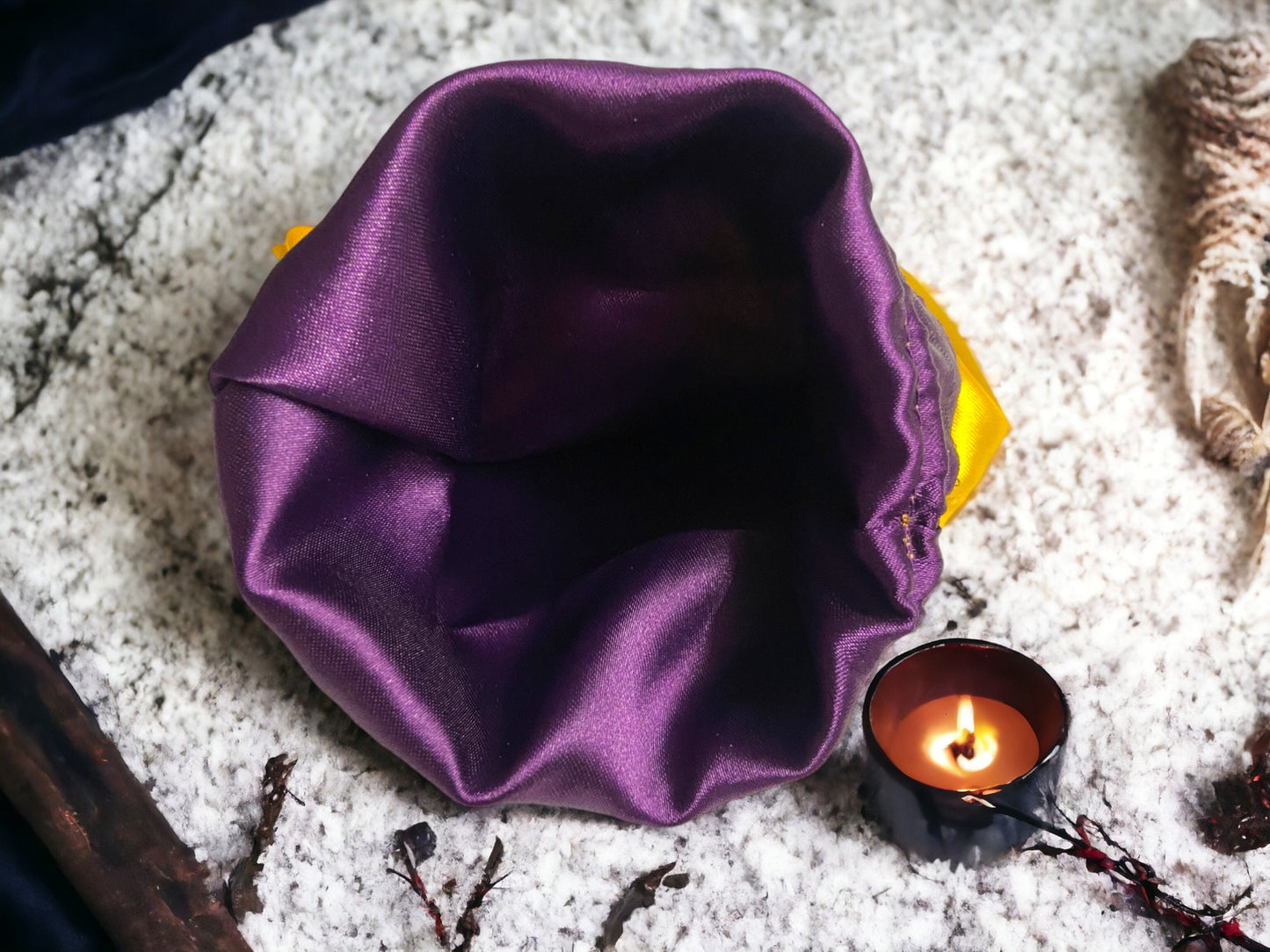 Mystic Yellow Satin Drawstring Bag with Purple Pentagram - Wiccan Pouch for Tarot, Runes, & Amulets, Magical Altar Cloth Bag.-Osiris Craftworks