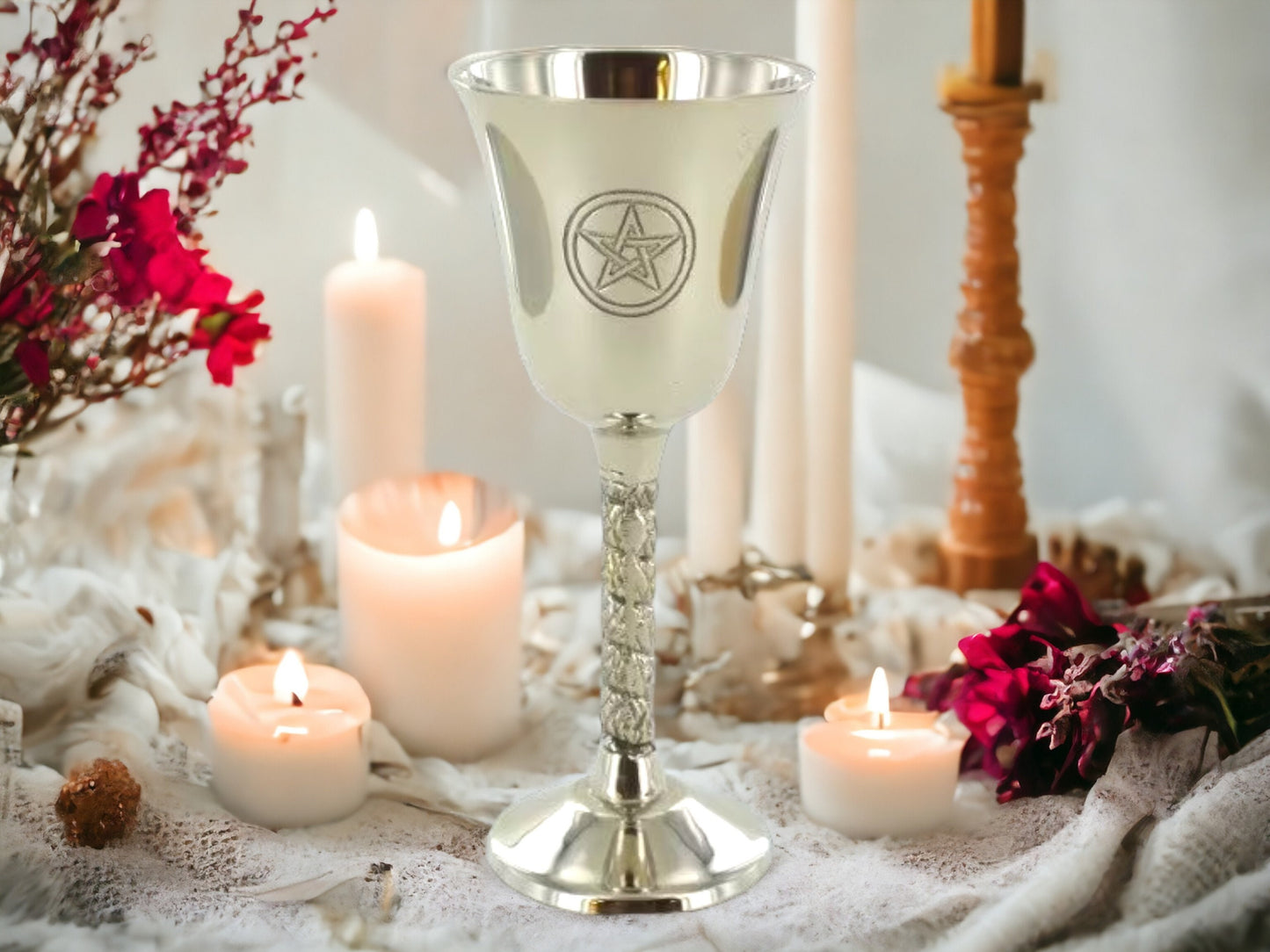 Elegant Pentagram-Embossed Silver Goblet - Metal Ritual Cup with Shiny Finish Occult Collectible, Wiccan Altar Chalice-Osiris Craftworks