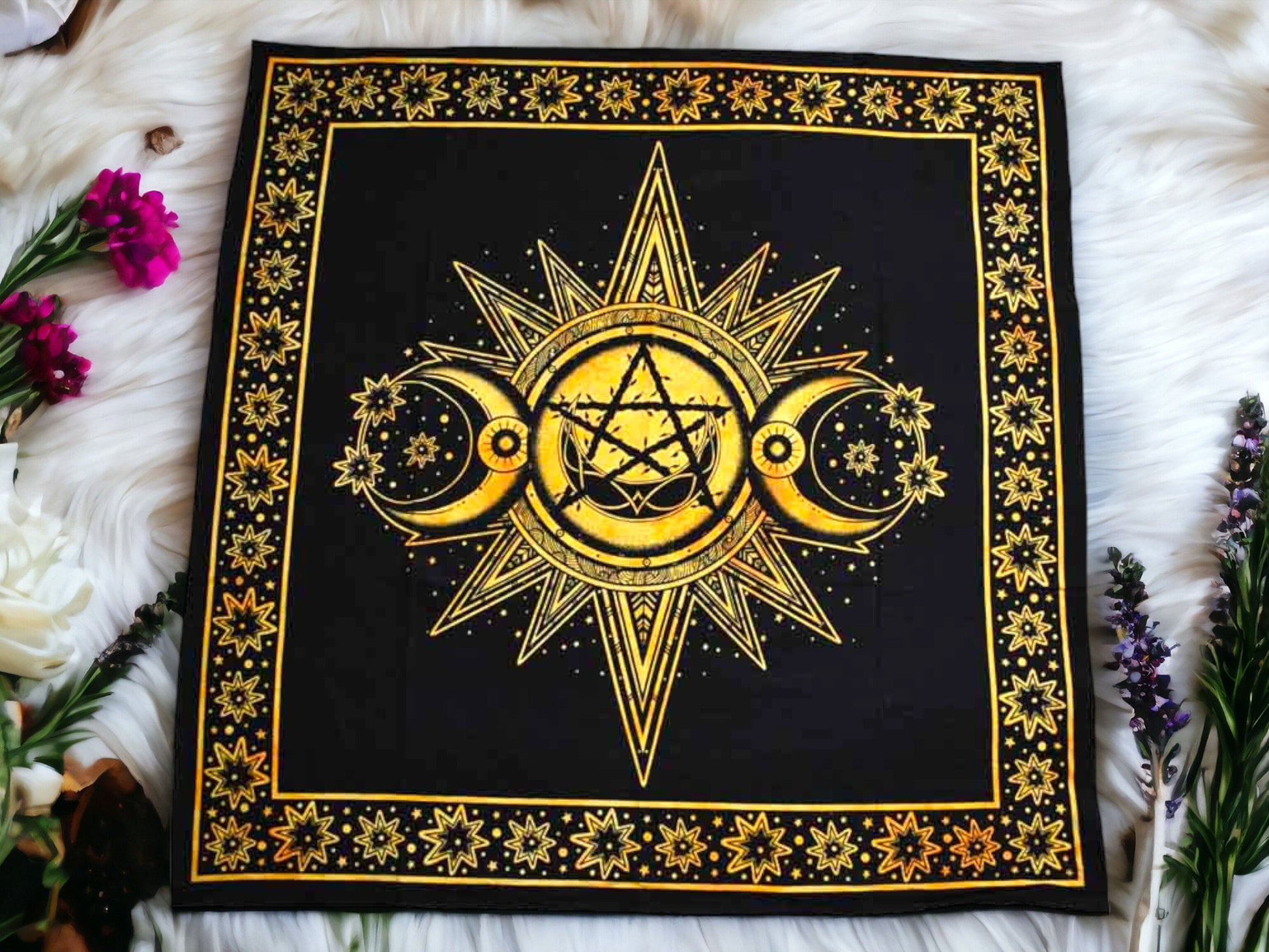 Sacred Triple Moon Goddess Altar Cloth, Mystical Yellow Black Tarot Mat, Celestial Pagan Wiccan Ritual Cover Cosmic Geometry Spiritual Decor-Osiris Craftworks