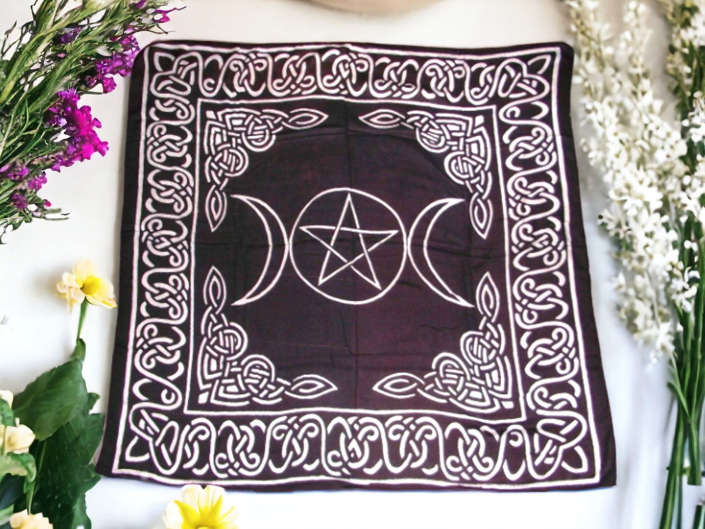 Enchanted Wiccan Altar Cloth with Triple Goddess Pentagram | Black and White Pagan Ritual Tarot Mat | Spiritual Wall Tapestry-Osiris Craftworks