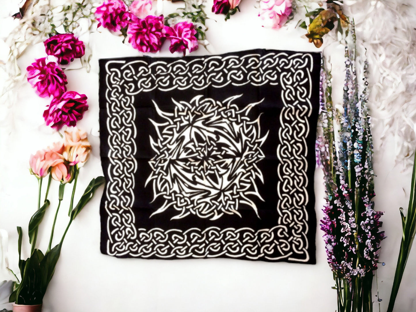 Celtic Knot Altar Cloth, Tribal Wicca Pagan Tarot Mat, Spiritual Ritual Square, Mystic Table Cover, Enigmatic Black and White Wall Tapestry-Osiris Craftworks