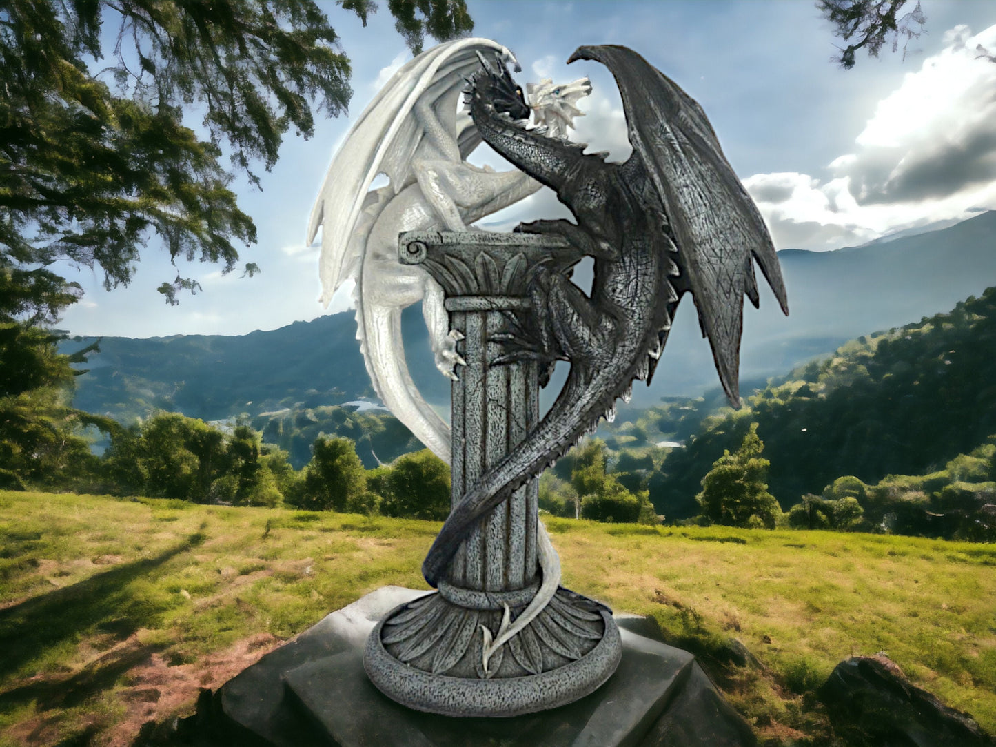 Skulptur einer epischen Drachenschlacht – einfarbige Fantasy-Statue aus Kunstharz – majestätisches Drachenduell-Ornament – ​​handbemaltes Dekor – 50 cm