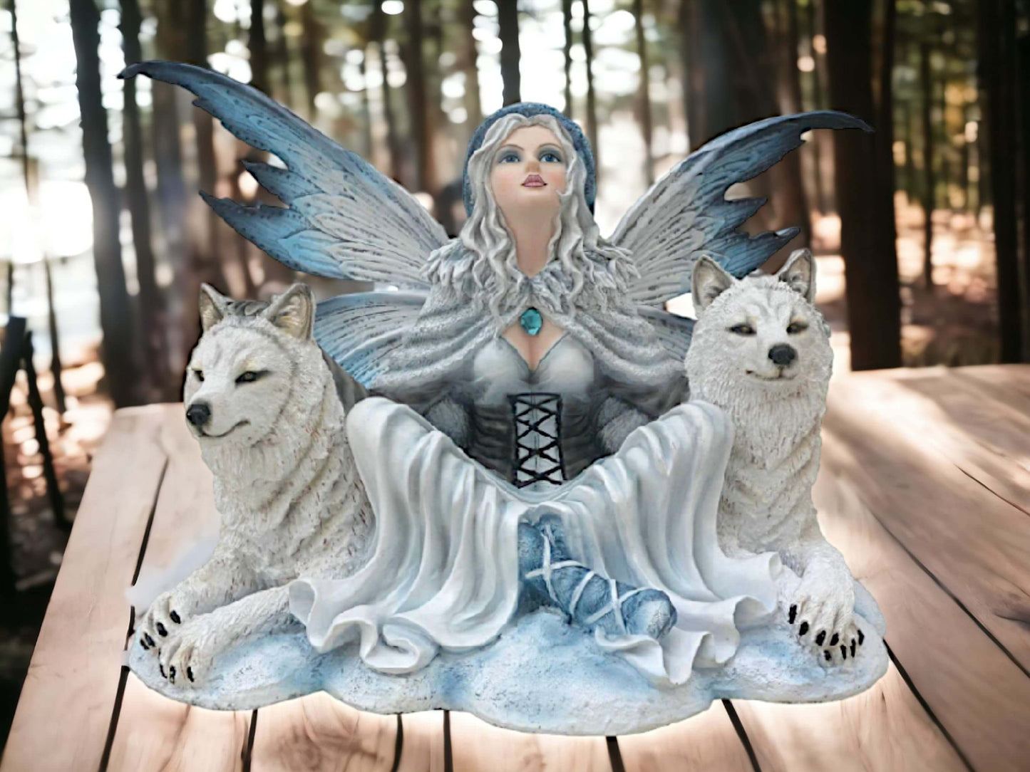 Winter Fairy with Wolves Statue - Mystical Resin Sculpture - Enchanted Ice Queen and White Wolves Figurine - 45cm-Osiris Craftworks