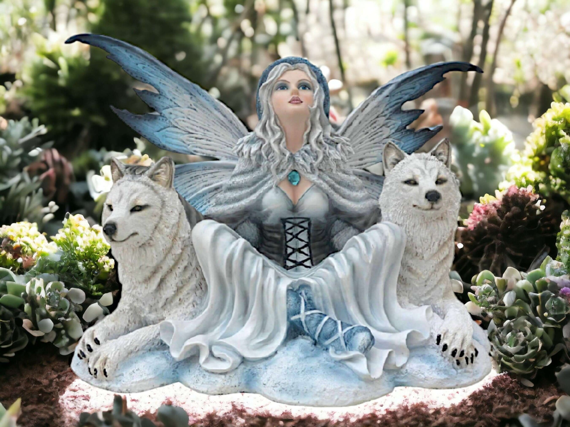 Winter Fairy with Wolves Statue - Mystical Resin Sculpture - Enchanted Ice Queen and White Wolves Figurine - 45cm-Osiris Craftworks