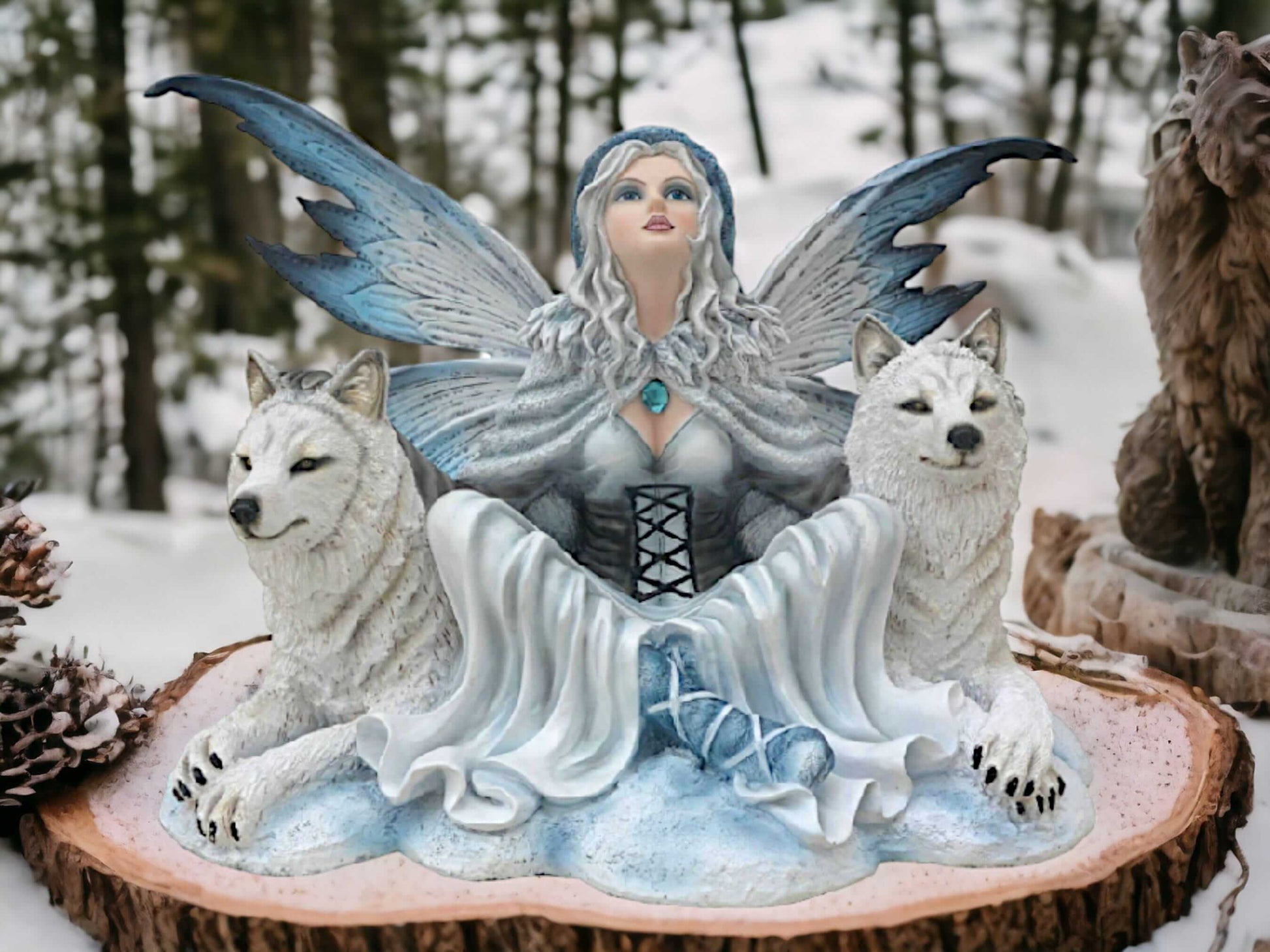 Winter Fairy with Wolves Statue - Mystical Resin Sculpture - Enchanted Ice Queen and White Wolves Figurine - 45cm-Osiris Craftworks