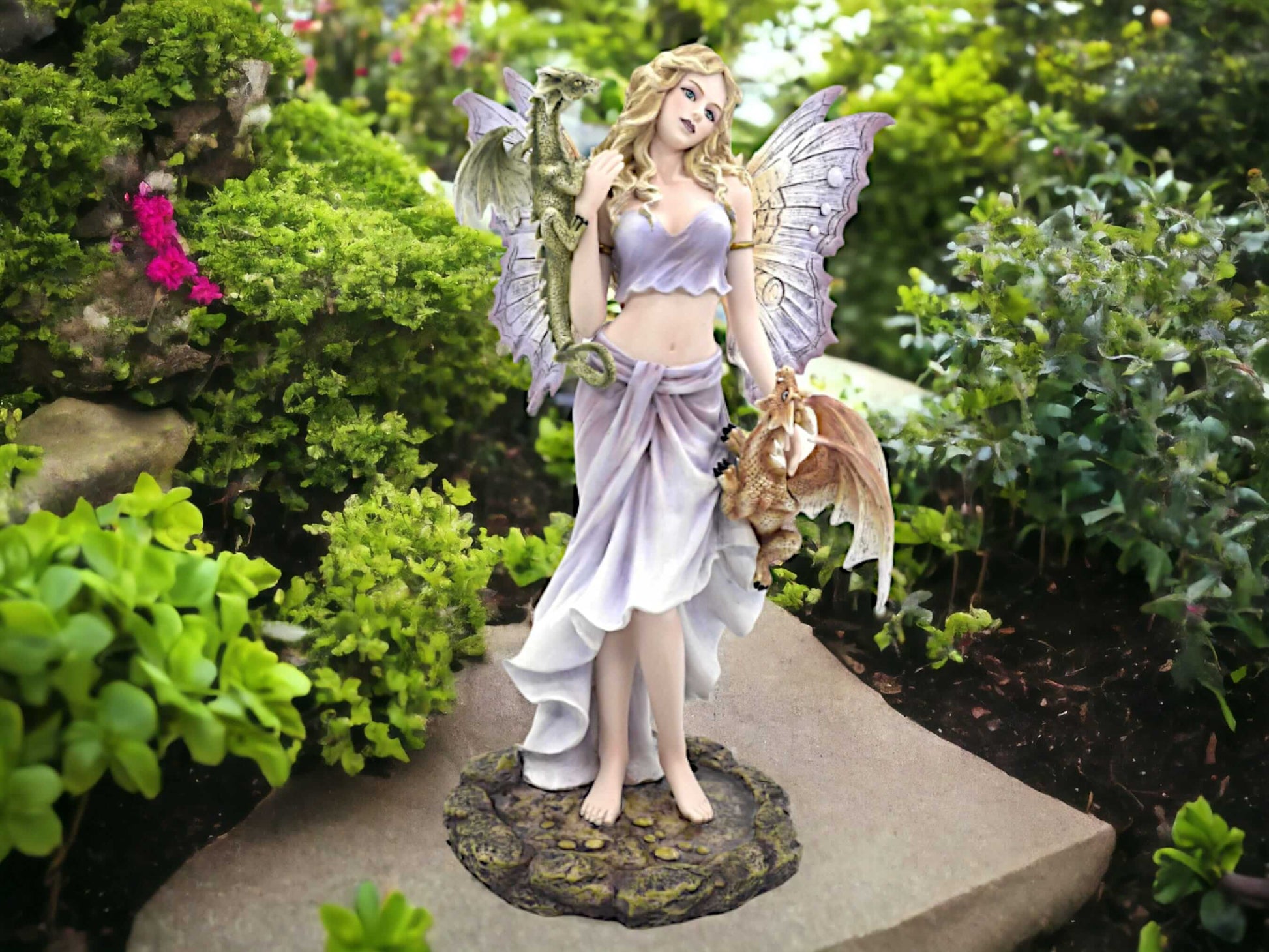 Enchanted Fairy and Dragons Statue - Majestic Resin Figurine - Ethereal Fantasy Sculpture with Guardian Dragons - 34cm-Osiris Craftworks