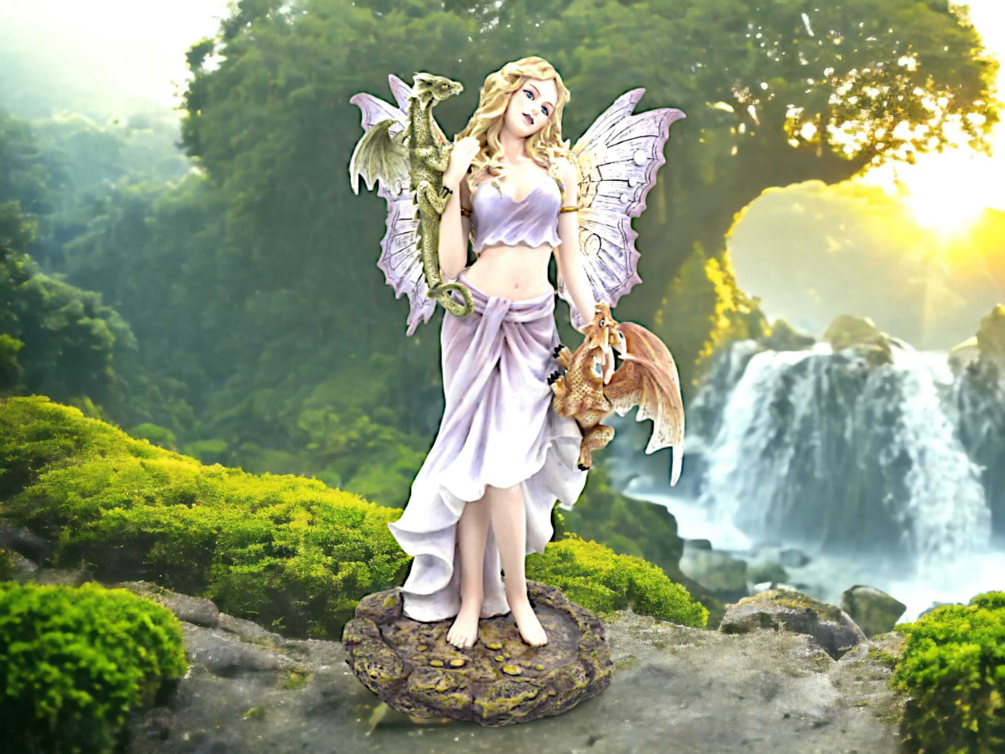 Enchanted Fairy and Dragons Statue - Majestic Resin Figurine - Ethereal Fantasy Sculpture with Guardian Dragons - 34cm-Osiris Craftworks