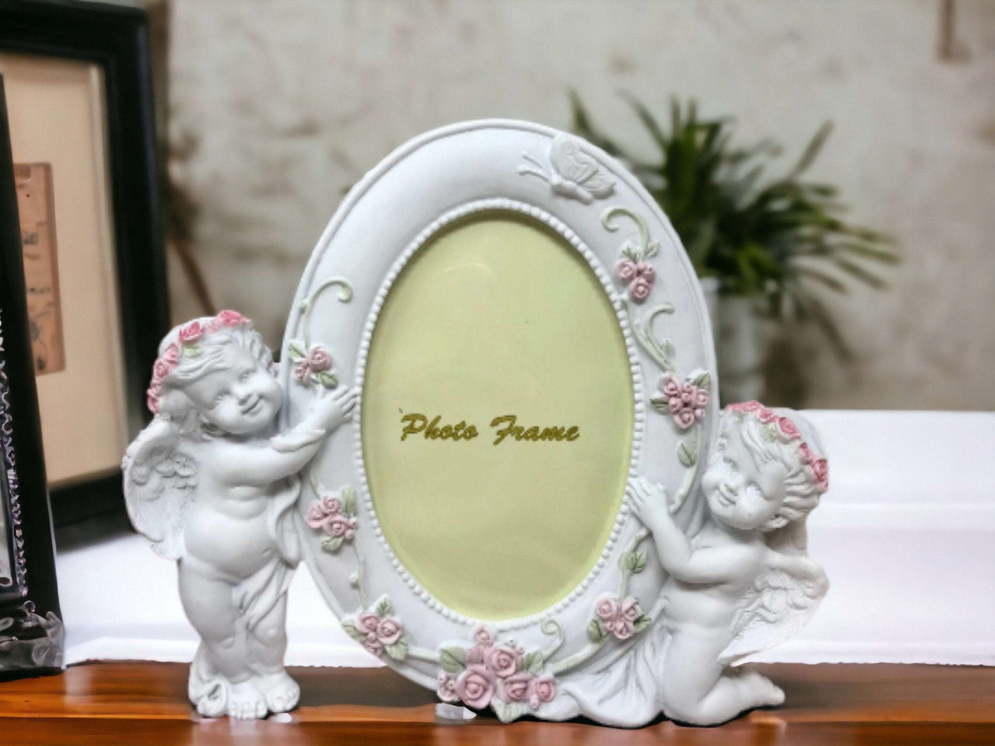 Angelic Cherubs Photo Frame, Heavenly Twin Angels Picture Holder, Enchanting Nursery Decor, Seraphic Keepsake Frame, Divine Love Accent-Osiris Craftworks