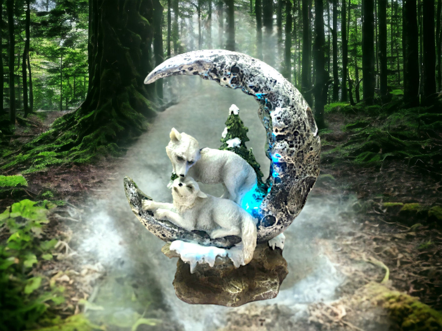 Glowing Resin Wolf Family Sculpture on Crescent Moon - Perfect Gift for Wolves Enthusiasts