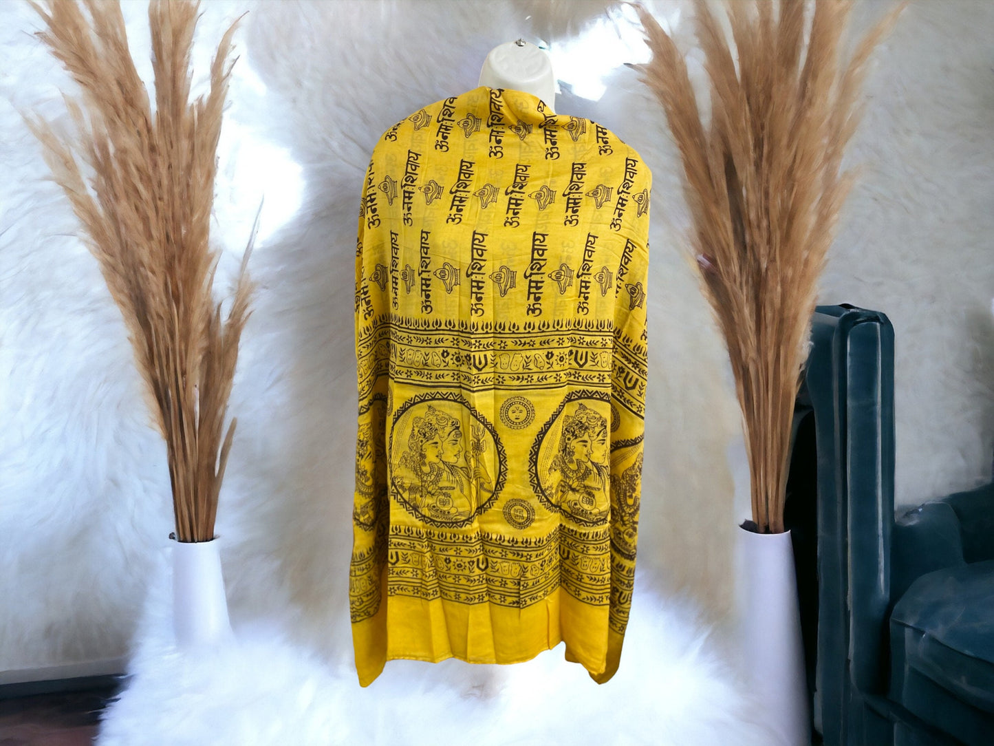 Spiritual Hindu Iconography Rayon Scarf – Vibrant Yellow Shawl with Sacred Symbols, Ethereal Accessory (120x80 cm)-Osiris Craftworks