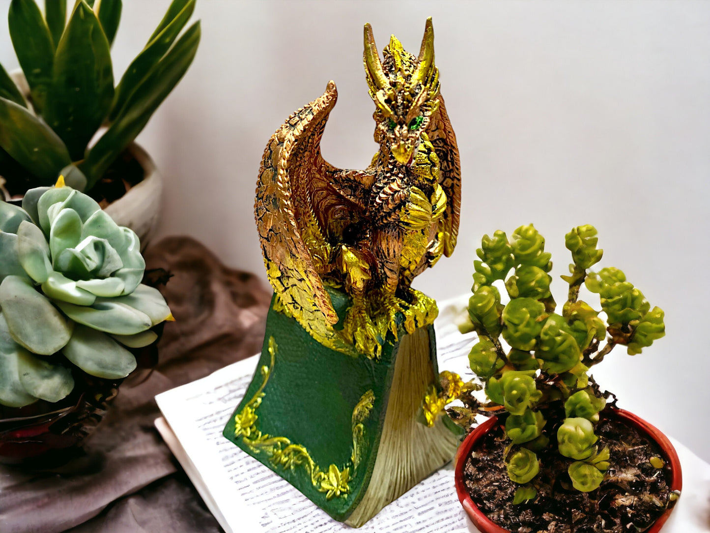 Enchanted Forest Guardian Dragon - Majestic Resin Dragon Statue, 16cm Tall, Hand-Painted Green and Gold, Mythical Home Decor