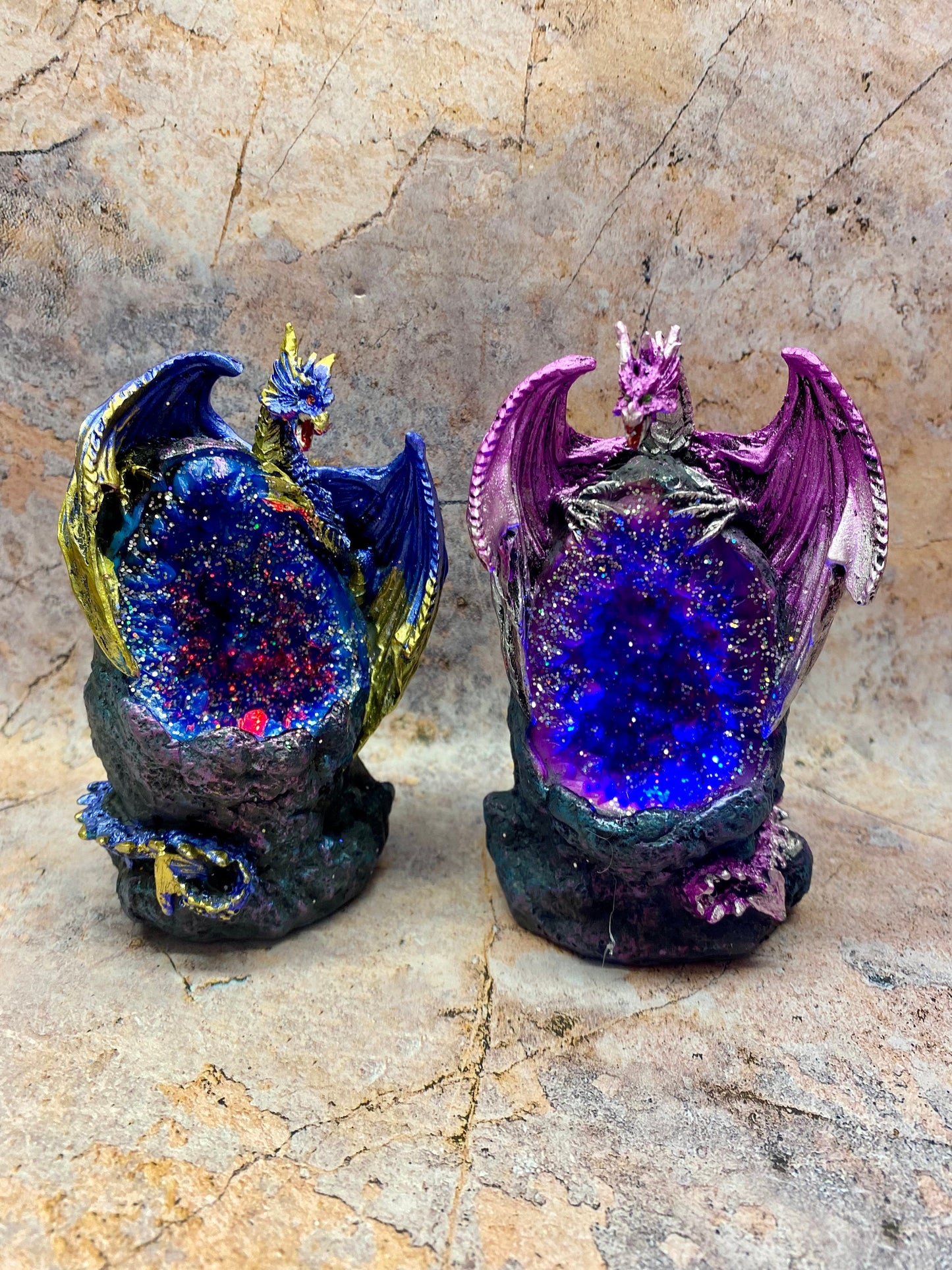 Enchanting Pair of LED Dragon Figurines - Illuminated Resin Twin Dragons with Glitter Crystals, Fantasy Home Decor, 11cm Magical Duo