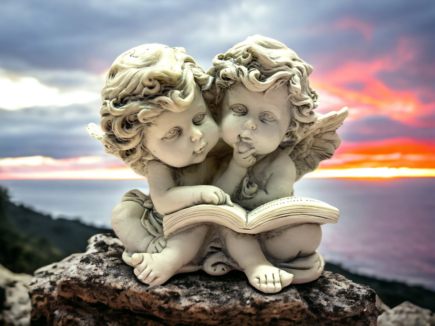 Cherub Twins Reading Book Figurine - Enchanting Resin Angel Sculpture, Ideal for Gardens or Memorial, Indoor/Outdoor Decor-Osiris Craftworks