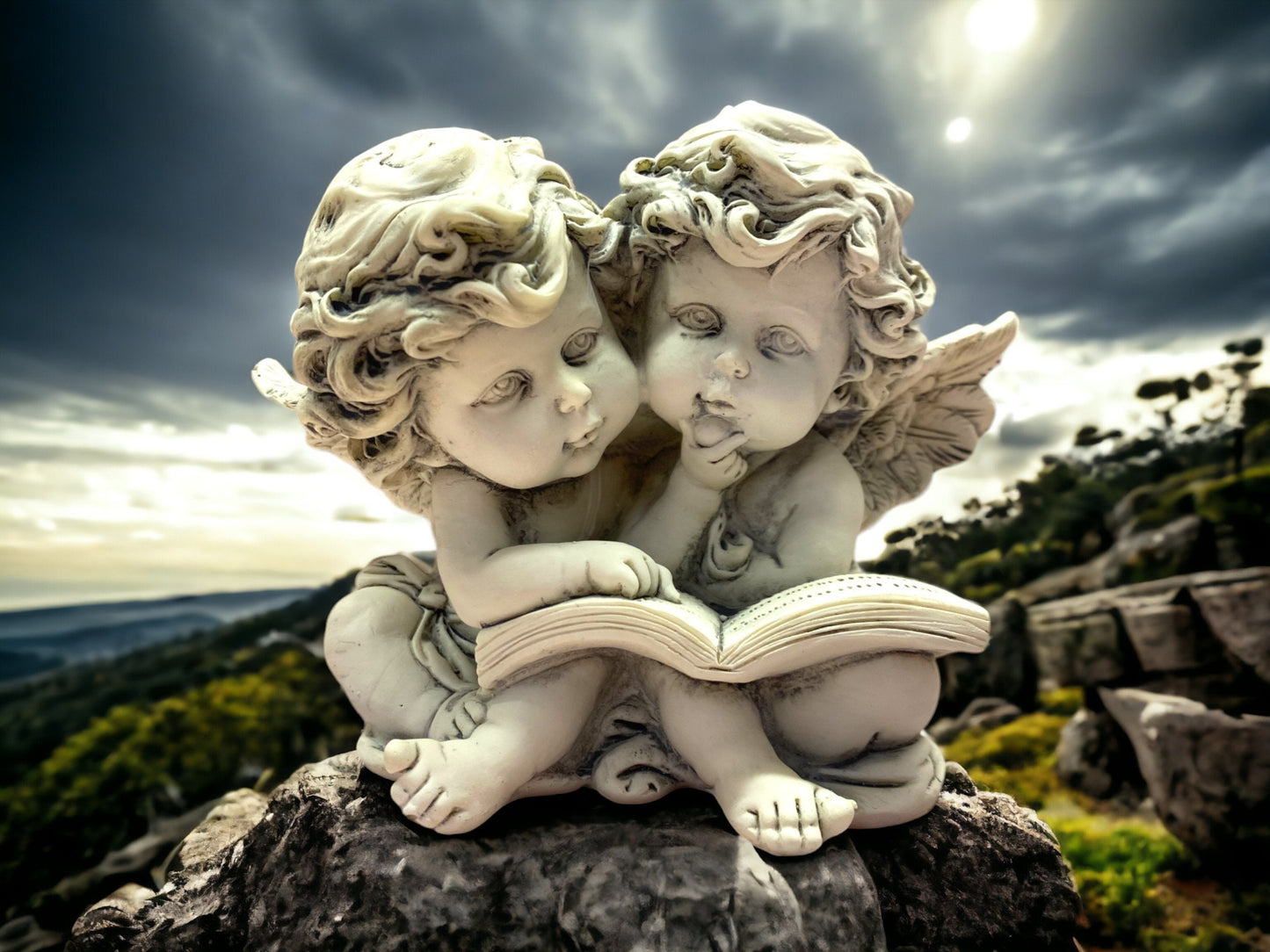 Cherub Twins Reading Book Figurine - Enchanting Resin Angel Sculpture, Ideal for Gardens or Memorial, Indoor/Outdoor Decor-Osiris Craftworks