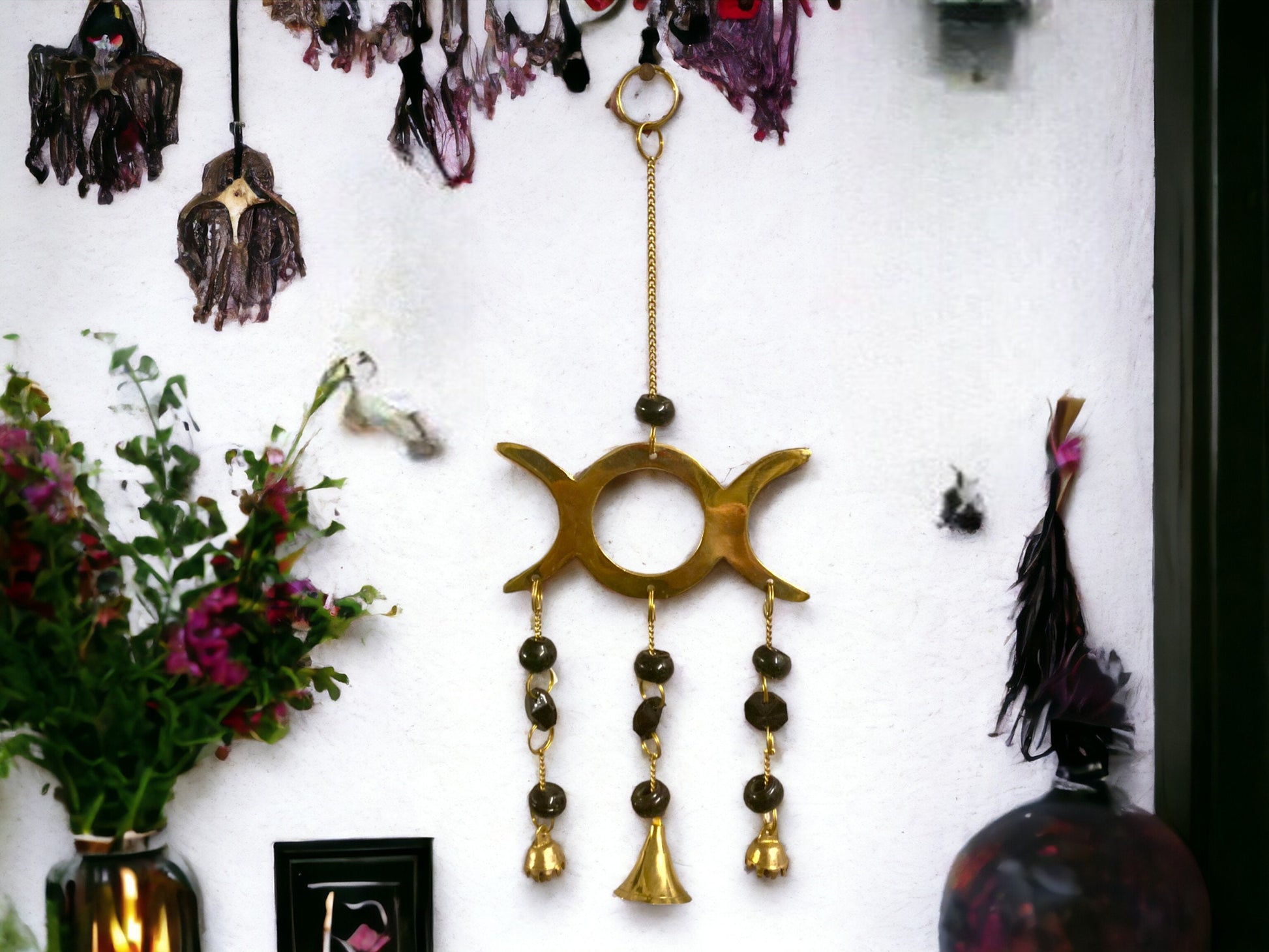 Triple Moon Goddess Wind Chime - Mystic Brass Harmony Bells, Black Bead Accents, Pagan Altar Decor, Spiritual Gift, 26cm-Osiris Craftworks