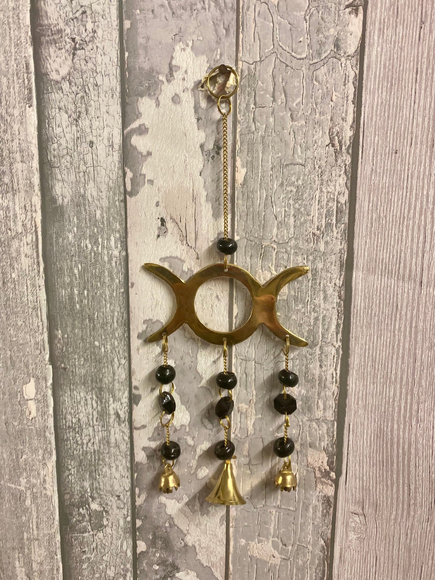 Triple Moon Goddess Wind Chime - Mystic Brass Harmony Bells, Black Bead Accents, Pagan Altar Decor, Spiritual Gift, 26cm-Osiris Craftworks