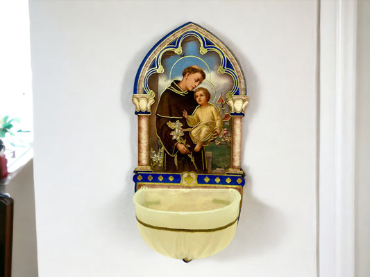 St. Anthony & Child Wall Water Font – Vintage Plastic Holy Water Holder with Gold Foil Accents, Spiritual Home Decor