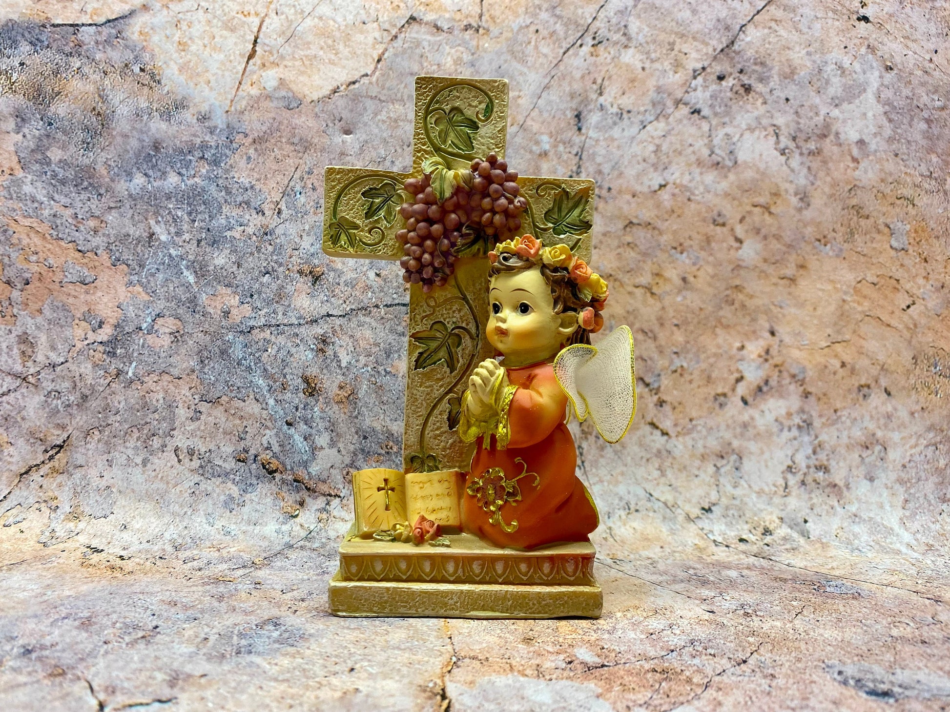 Cherubic Praying Angel Figurine, 12.5cm – Ornate Resin Cross with Grapes, Religious Decor, Spiritual Tabletop Art, Angelic Home Blessing-Osiris Craftworks