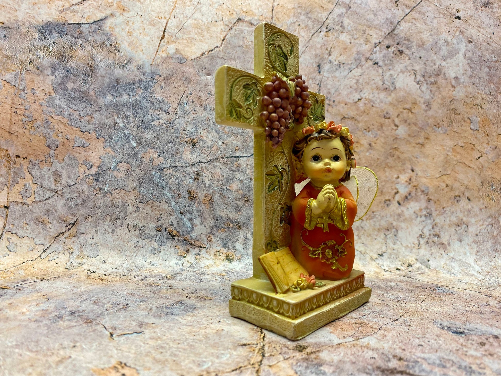 Cherubic Praying Angel Figurine, 12.5cm – Ornate Resin Cross with Grapes, Religious Decor, Spiritual Tabletop Art, Angelic Home Blessing-Osiris Craftworks