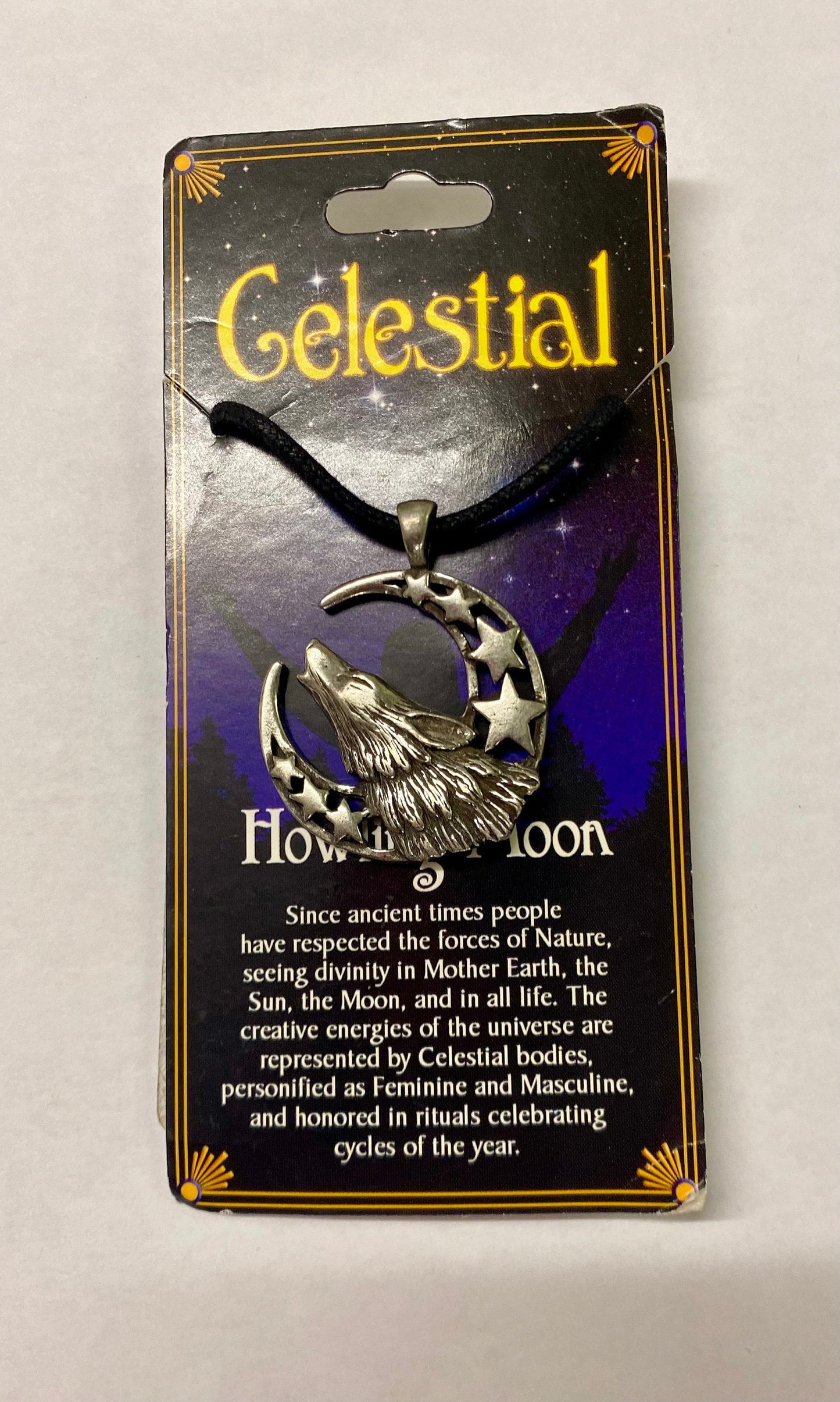 Celestial Howling Wolf Moon Talisman Pendant Necklace - Lead-Free Pewter