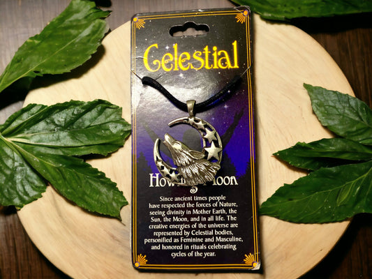 Celestial Howling Wolf Moon Talisman Pendant Necklace - Lead-Free Pewter