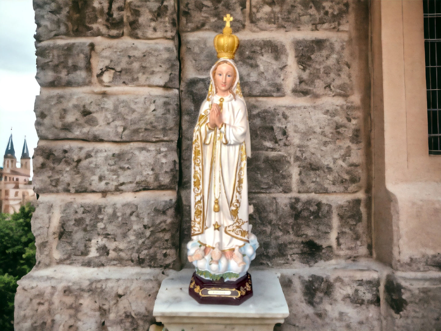 Grande statue de Notre-Dame de Fatima - Sculpture religieuse en résine fabriquée à la main de 70 cm, décoration d'intérieur catholique élégante