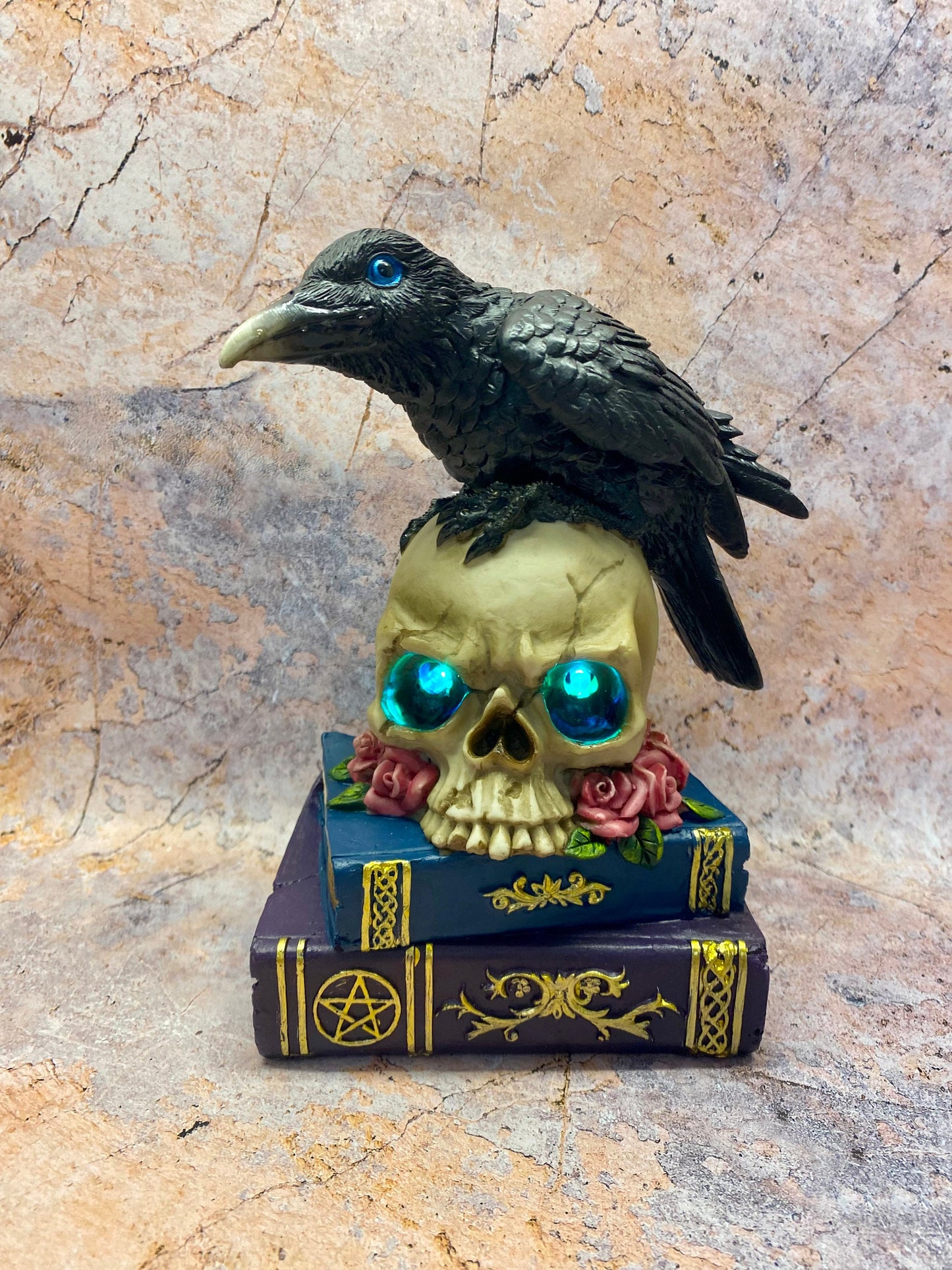 Mystical Raven on LED Skull with Witchcraft Books | Gothic Home Decor | Halloween Decoration Raven Figurine | Witchcraft Gift | Occult Decor-Osiris Craftworks